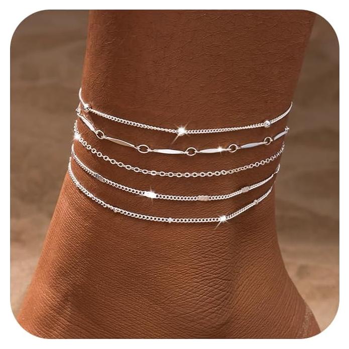 Conjunto de 5 Tobilleras de Plata LEXODY Ajustables para Mujeres