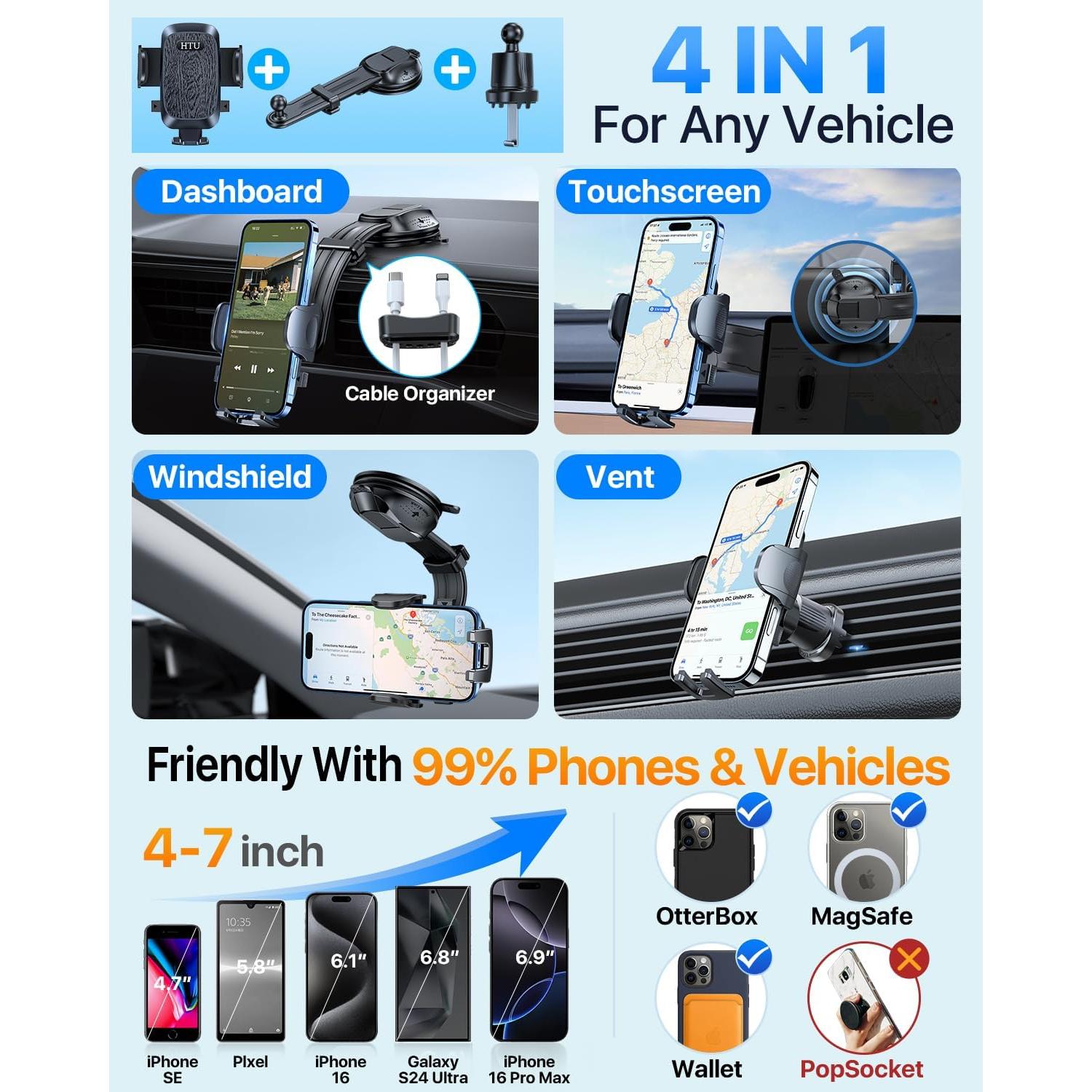 Soporte de Teléfono para Auto HTU Negro, Flexible y Ajustable 360°