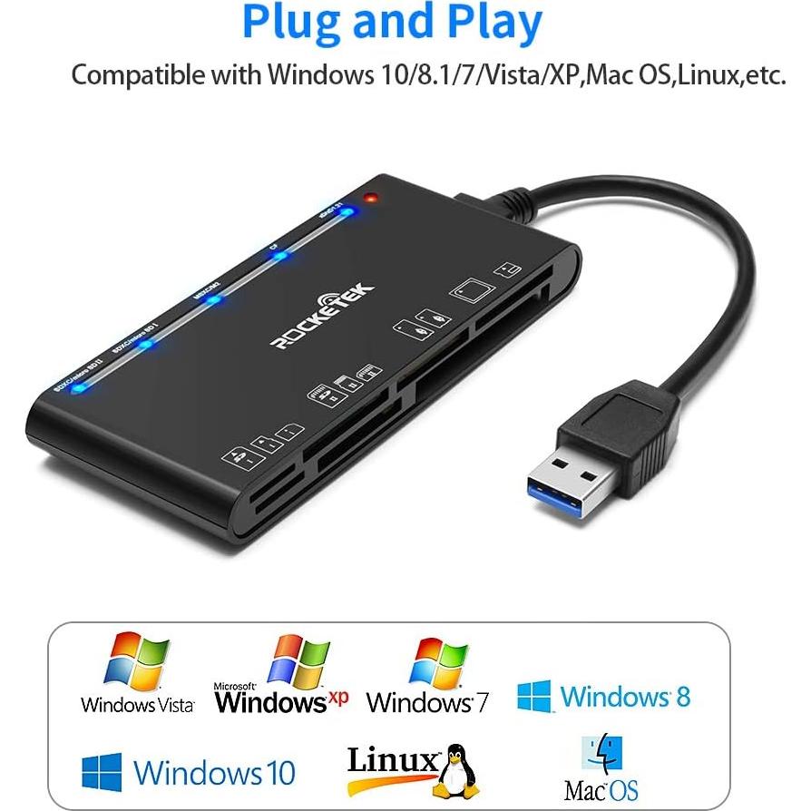 Lector de Tarjetas 7 en 1 Rocketek USB 3.0 5Gbps para SD CF