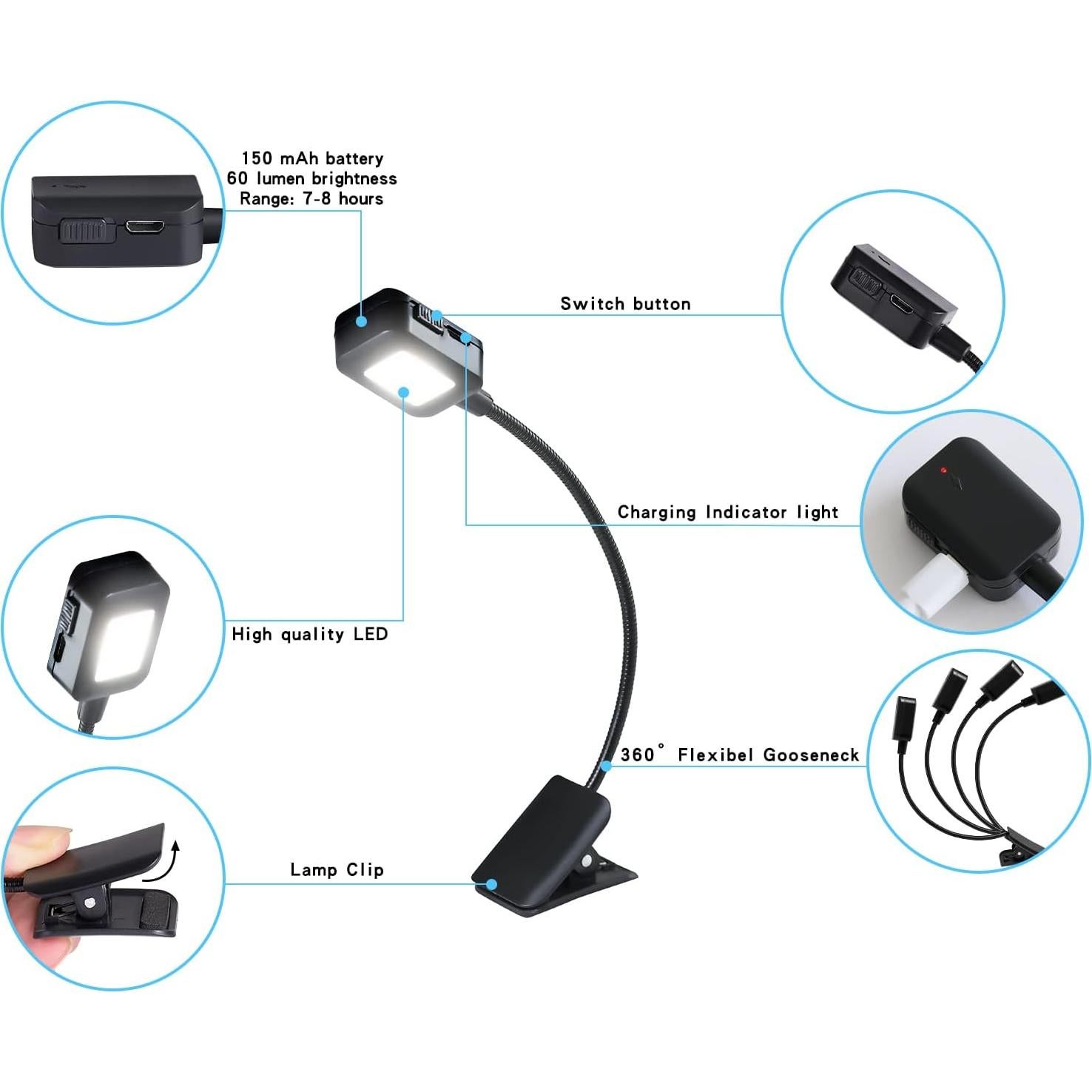 Lámparas de Libro Recargables KunHe - Paquete de 4 Unidades