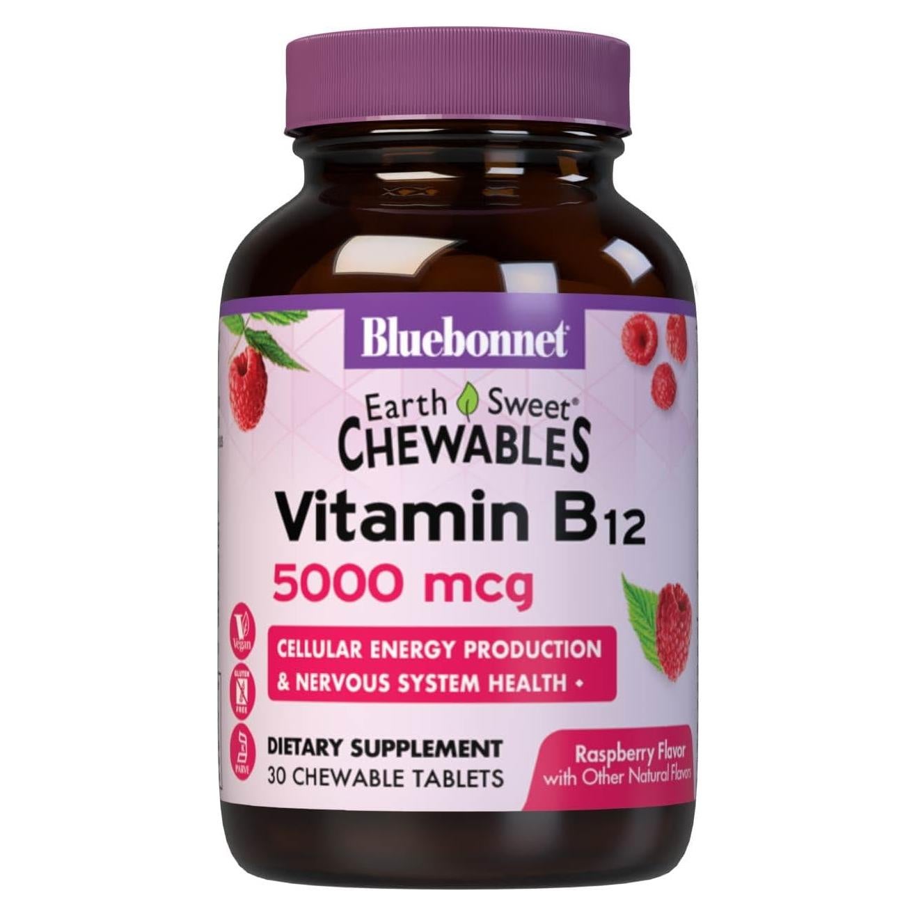 Tabletas Masticables Vitamina B12 5000 mcg Bluebonnet Frambuesa