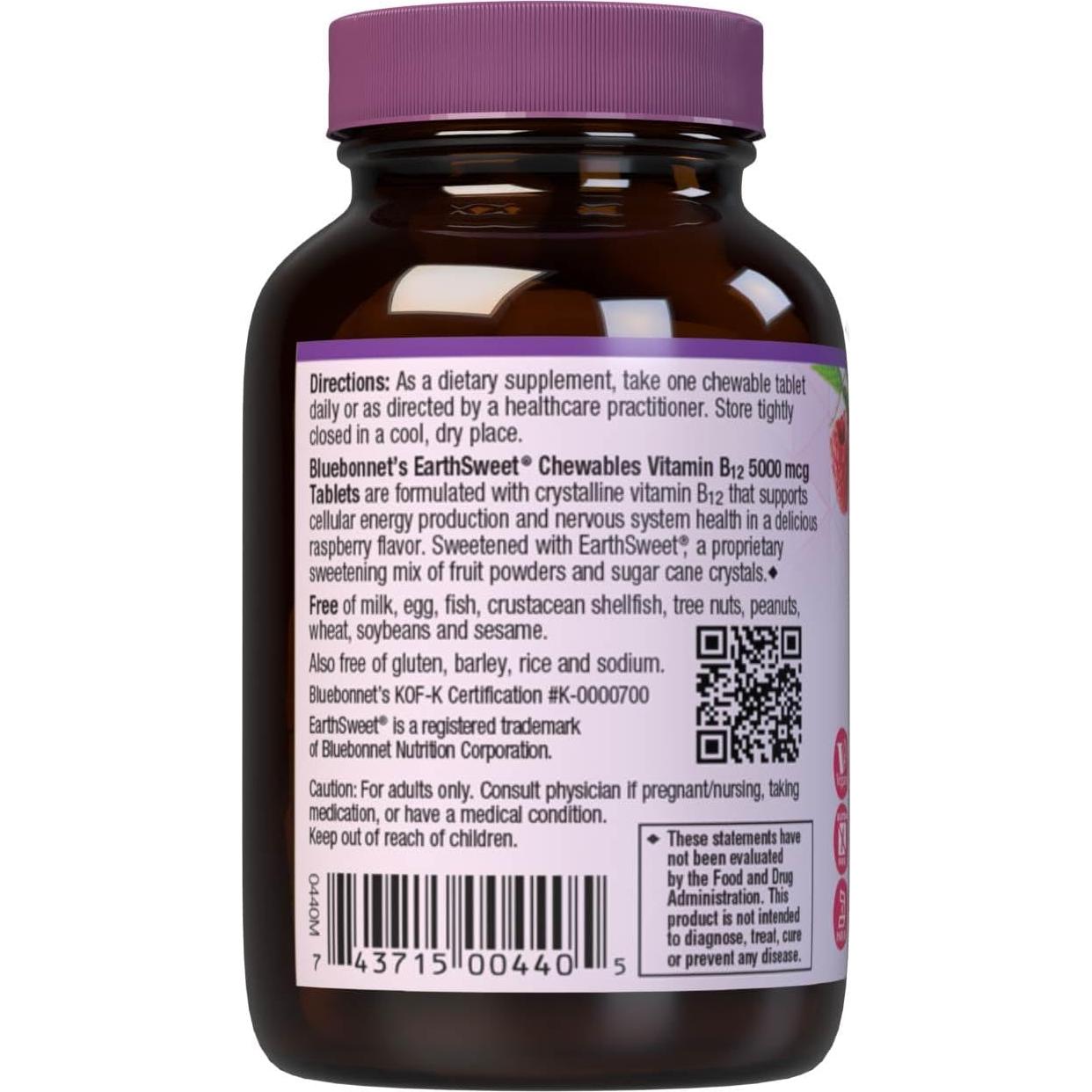 Tabletas Masticables Vitamina B12 5000 mcg Bluebonnet Frambuesa