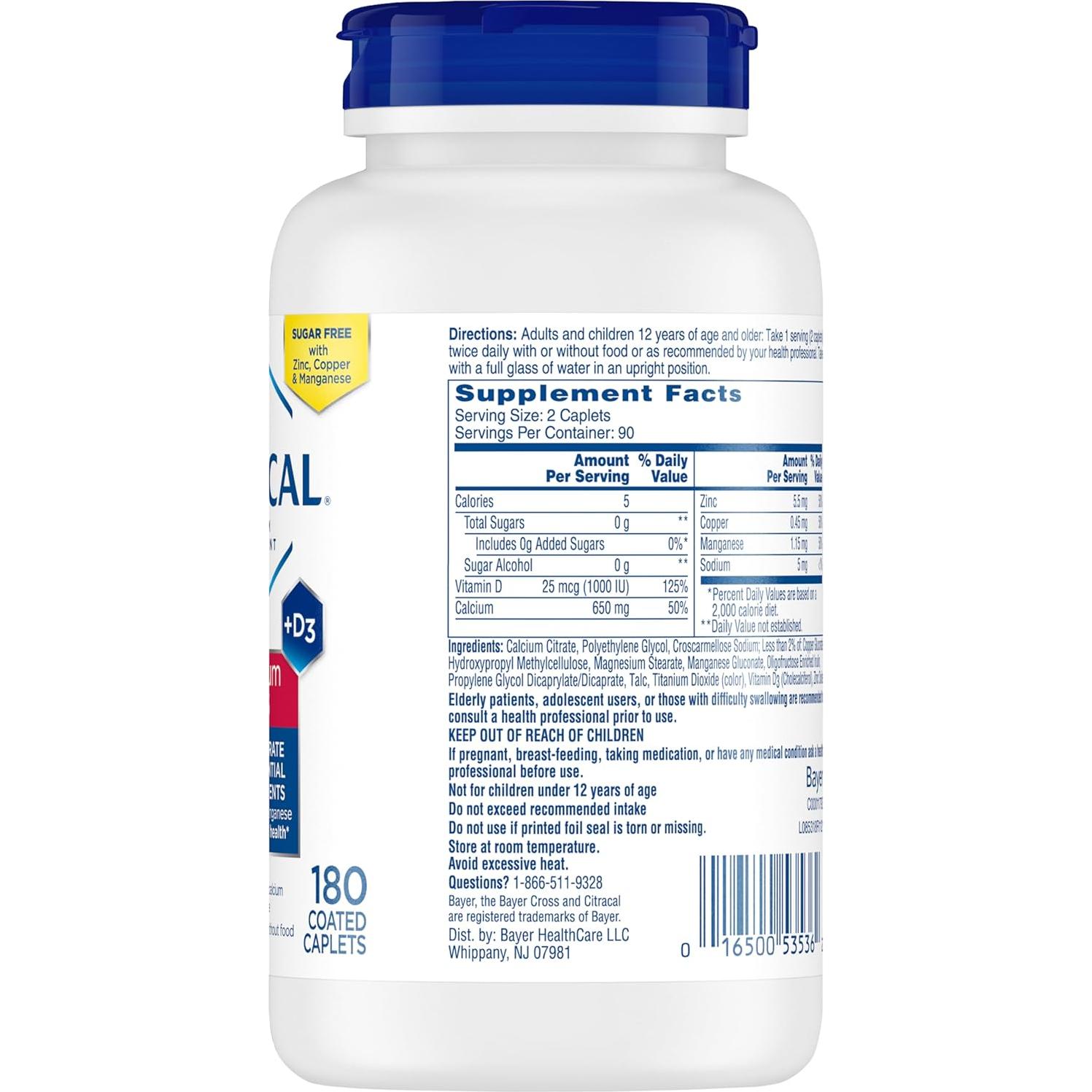 Citracal Maximum Plus 650 mg Calcio + 25 mcg Vitamina D3 180 tabletas