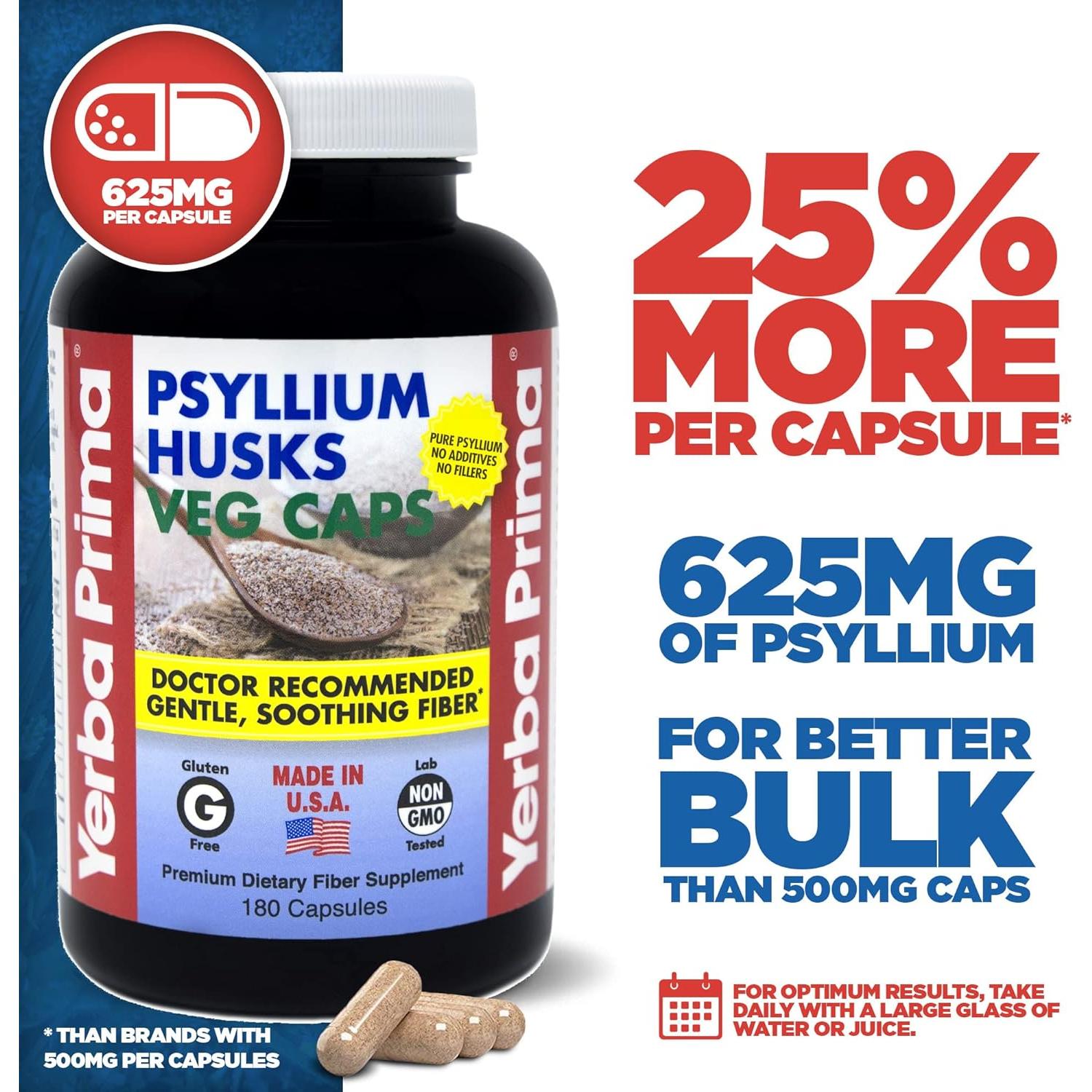 Cápsulas Veganas de Psyllium Yerba Prima 180 Unidades 625mg