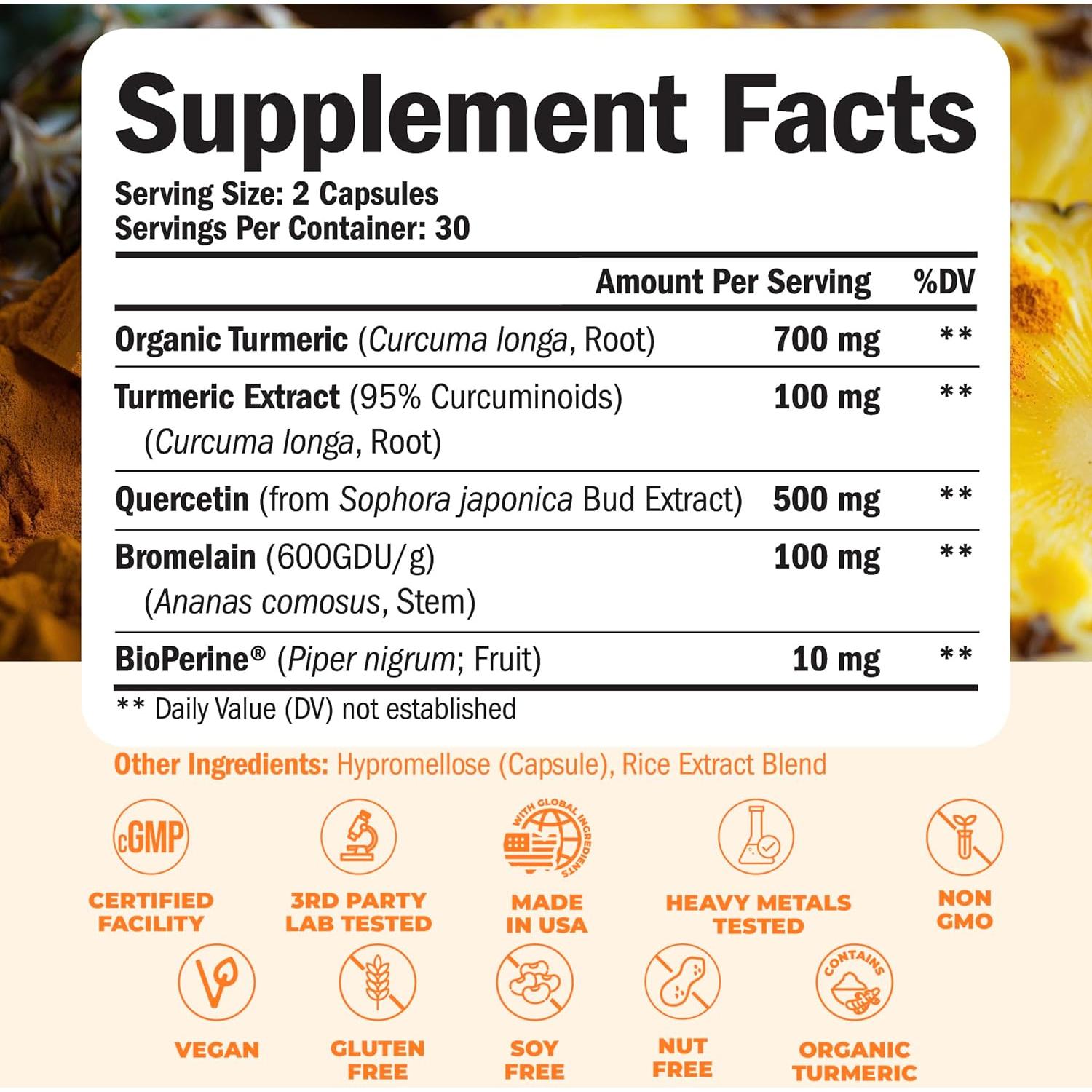 Suplemento de Quercetina 500mg con Cúrcuma y Bromelina - 60 Cápsulas