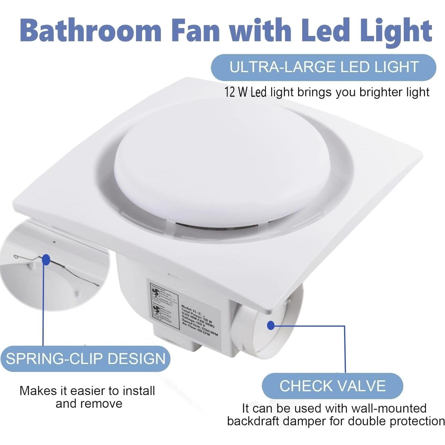 Ventilador Extractor de Baño MEOZRI 20.32cm Luz LED 42W