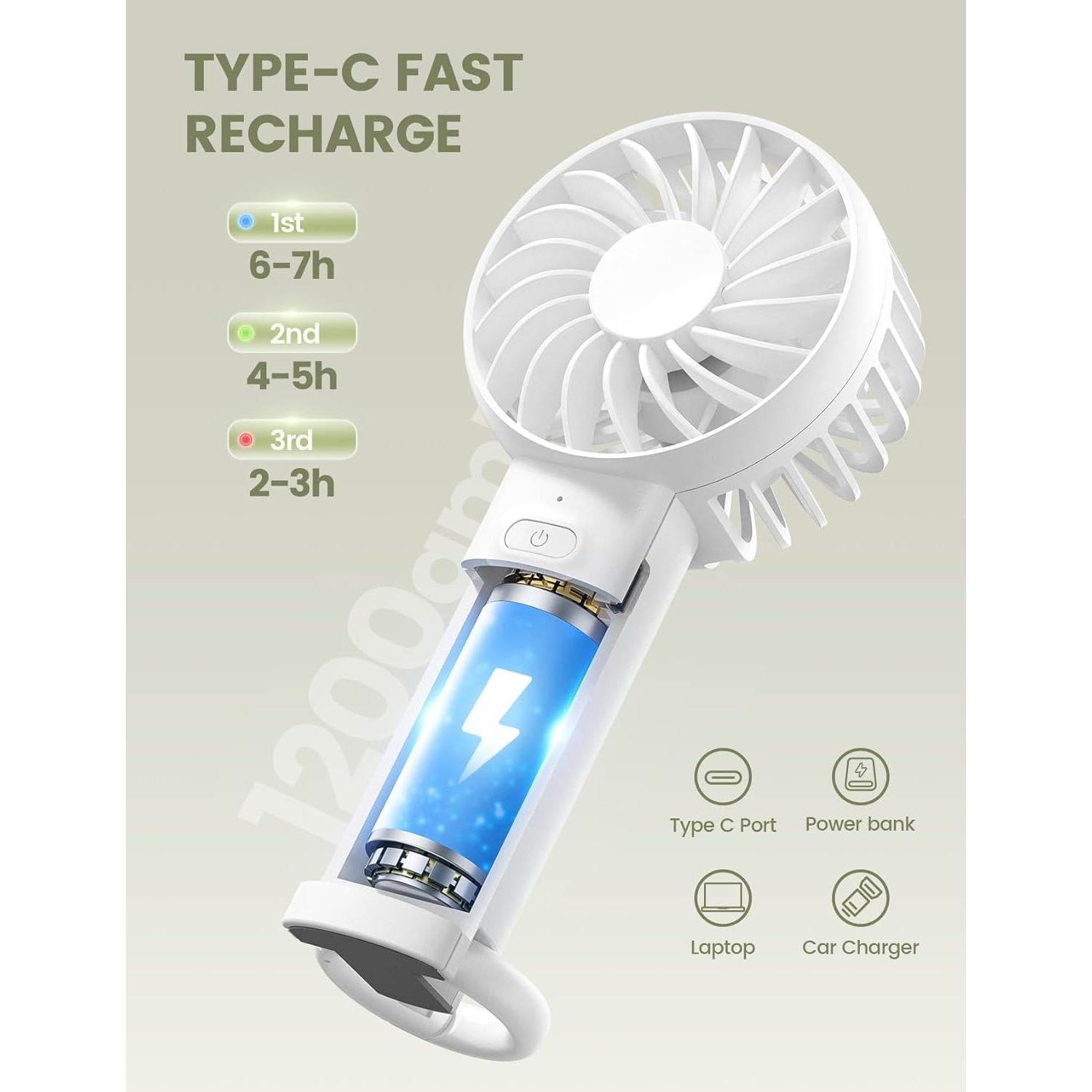 Ventilador de Mano Lamicall WT-F99-W Blanco, Recargable USB, 3 Velocidades