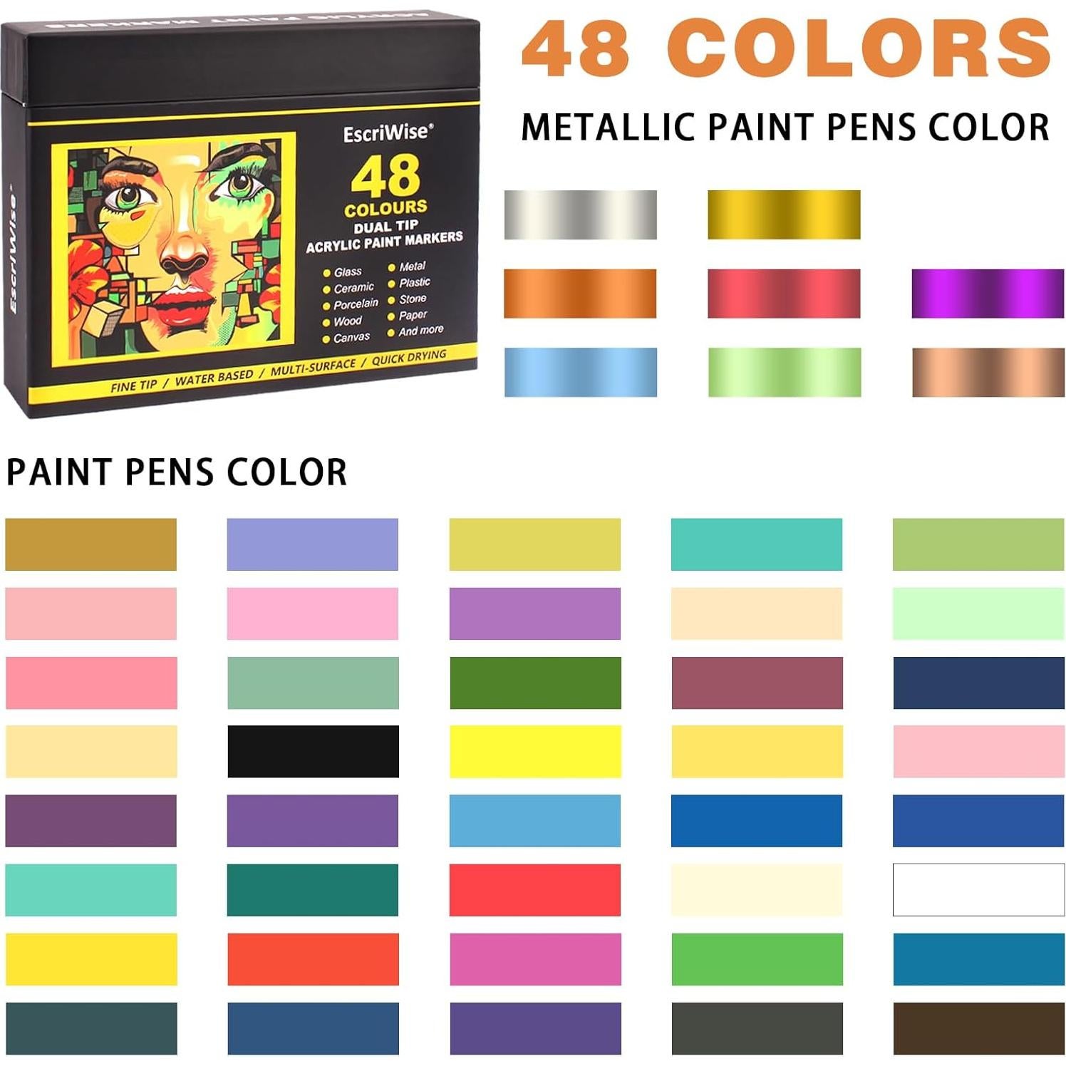 Juego de 48 Marcadores Acrílicos EscriWise - Doble Punta, 1-5mm