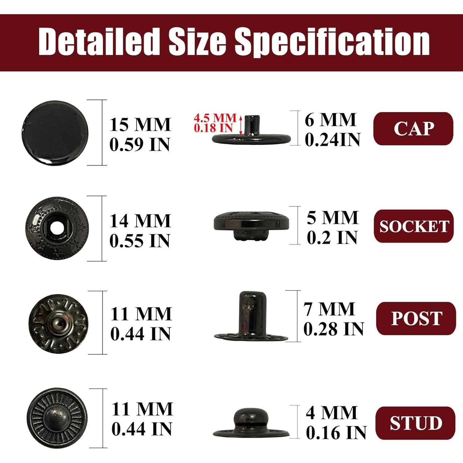 Kit de Botones a Presión Raydodo 12 Set 15mm Negro