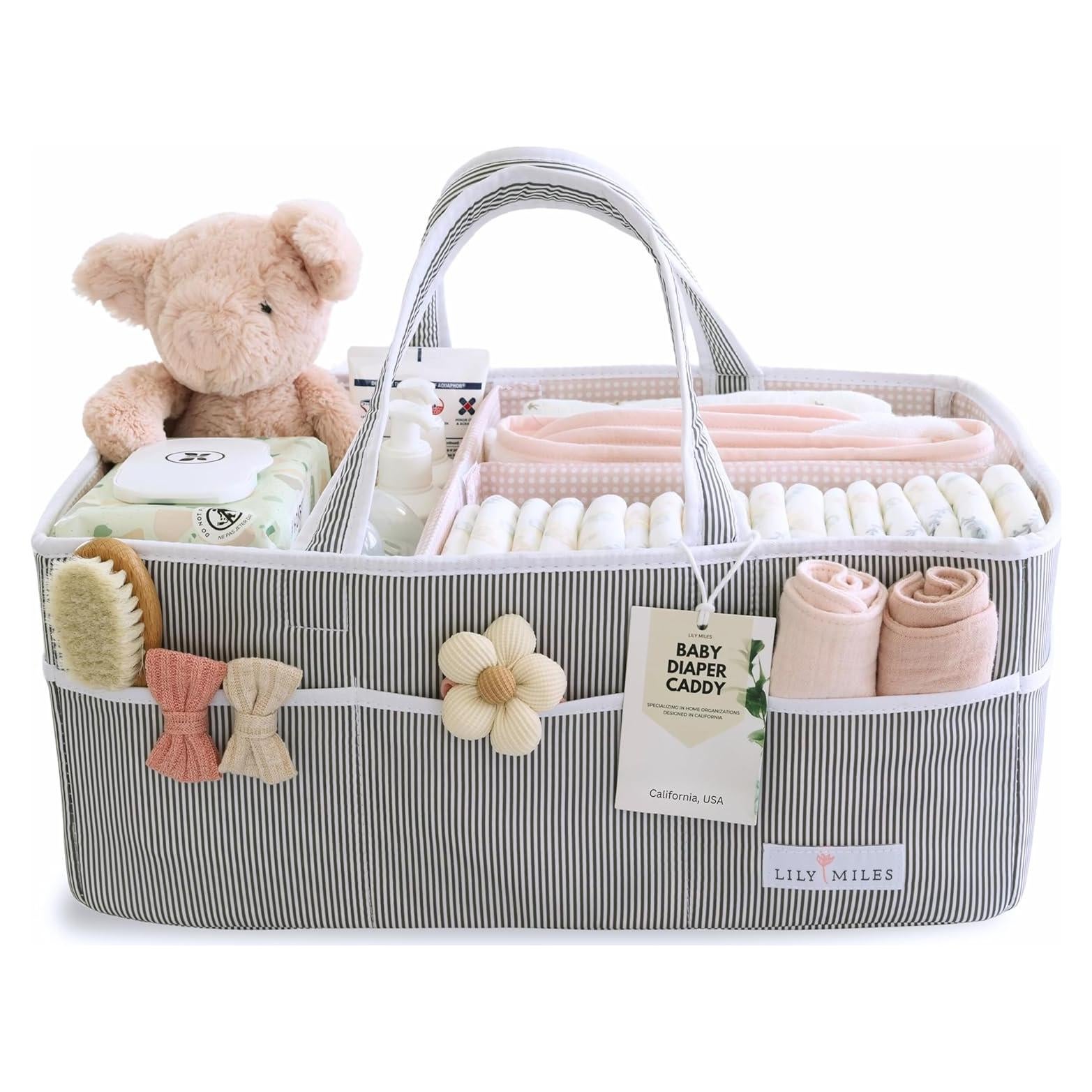 Cesta Organizadora de Pañales Lily Miles Extra Grande Gris/Rosa