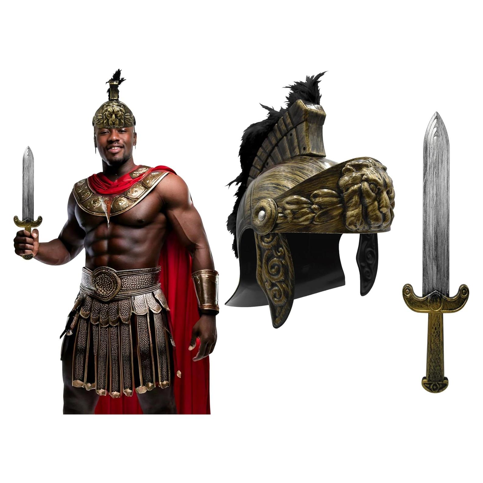 Casco Gladiador Deluxe Nicky Bigs con Espada y Pluma Roja/Negra