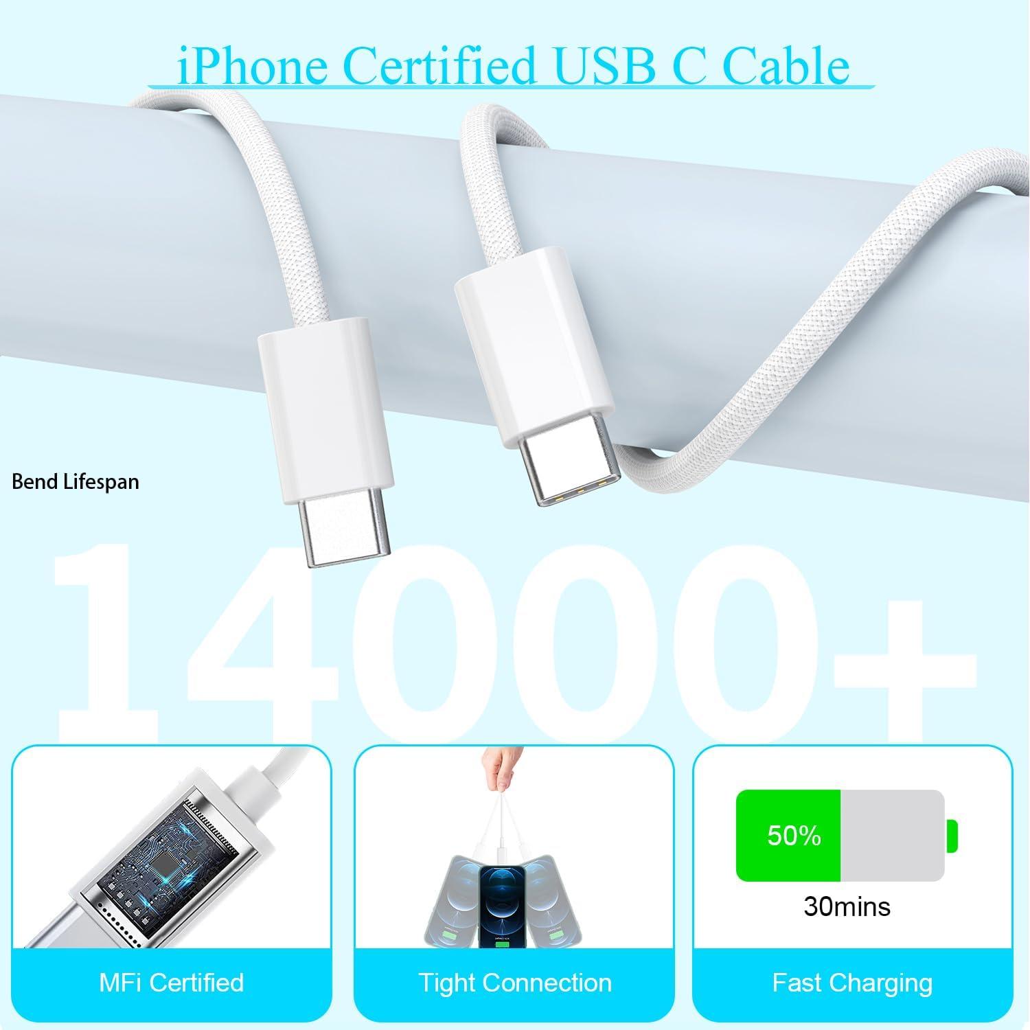 Cargador Rápido USB C 20W Apple iPhone 17 16 15 + 2 Cables 3M