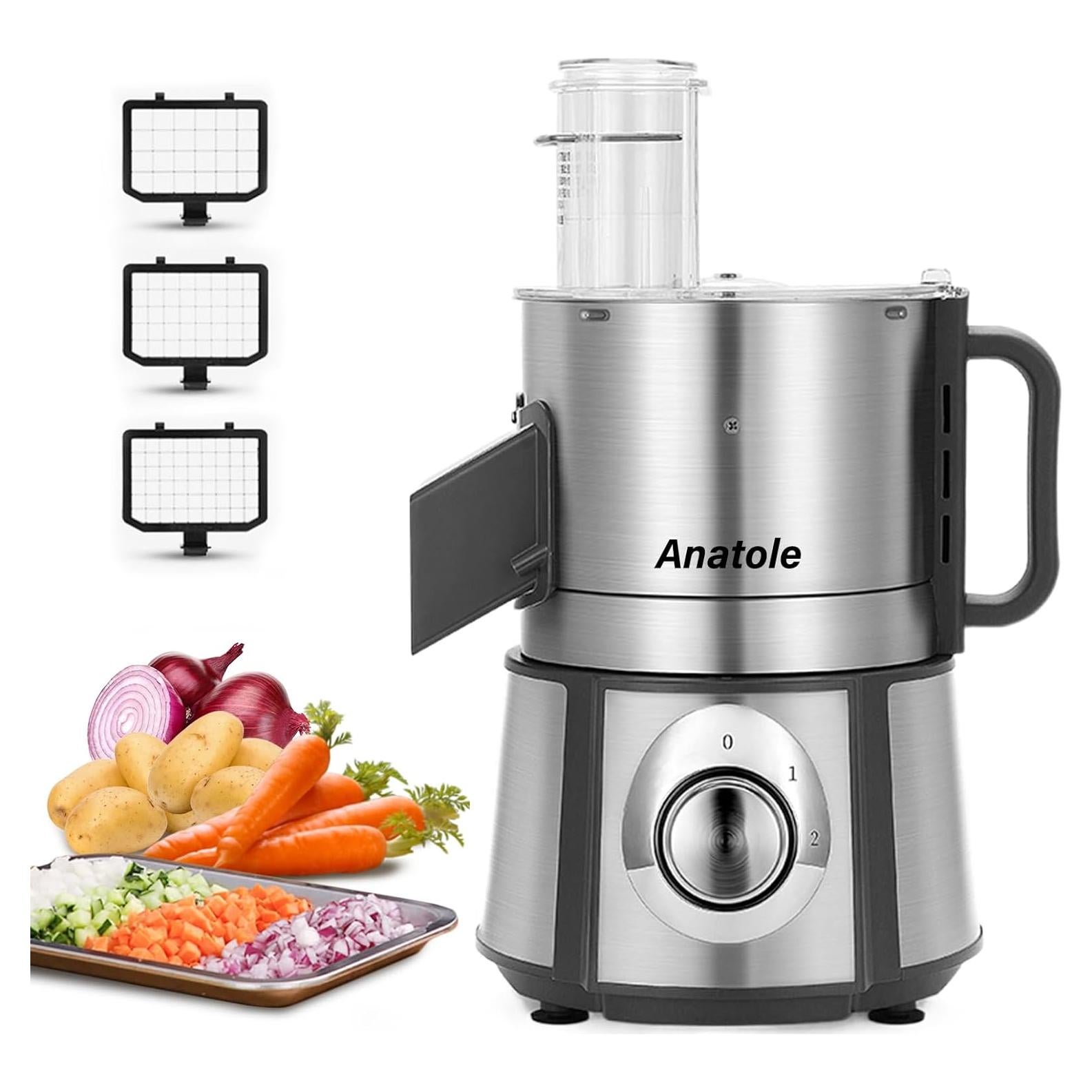Anatole Electric Vegetable Dicer Stainless Steel 16-Cup Food Processor 300W Commercial Veggie Fruits Chopper Heavy Duty with 1/4" 3/8" 1/2" Blades Auto Discharge for Potato Onion Carrot