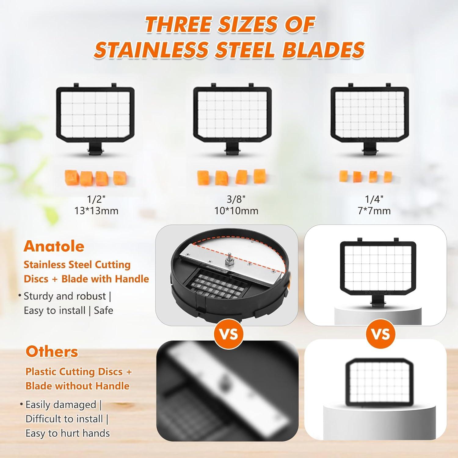 Anatole Electric Vegetable Dicer Stainless Steel 16-Cup Food Processor 300W Commercial Veggie Fruits Chopper Heavy Duty with 1/4" 3/8" 1/2" Blades Auto Discharge for Potato Onion Carrot