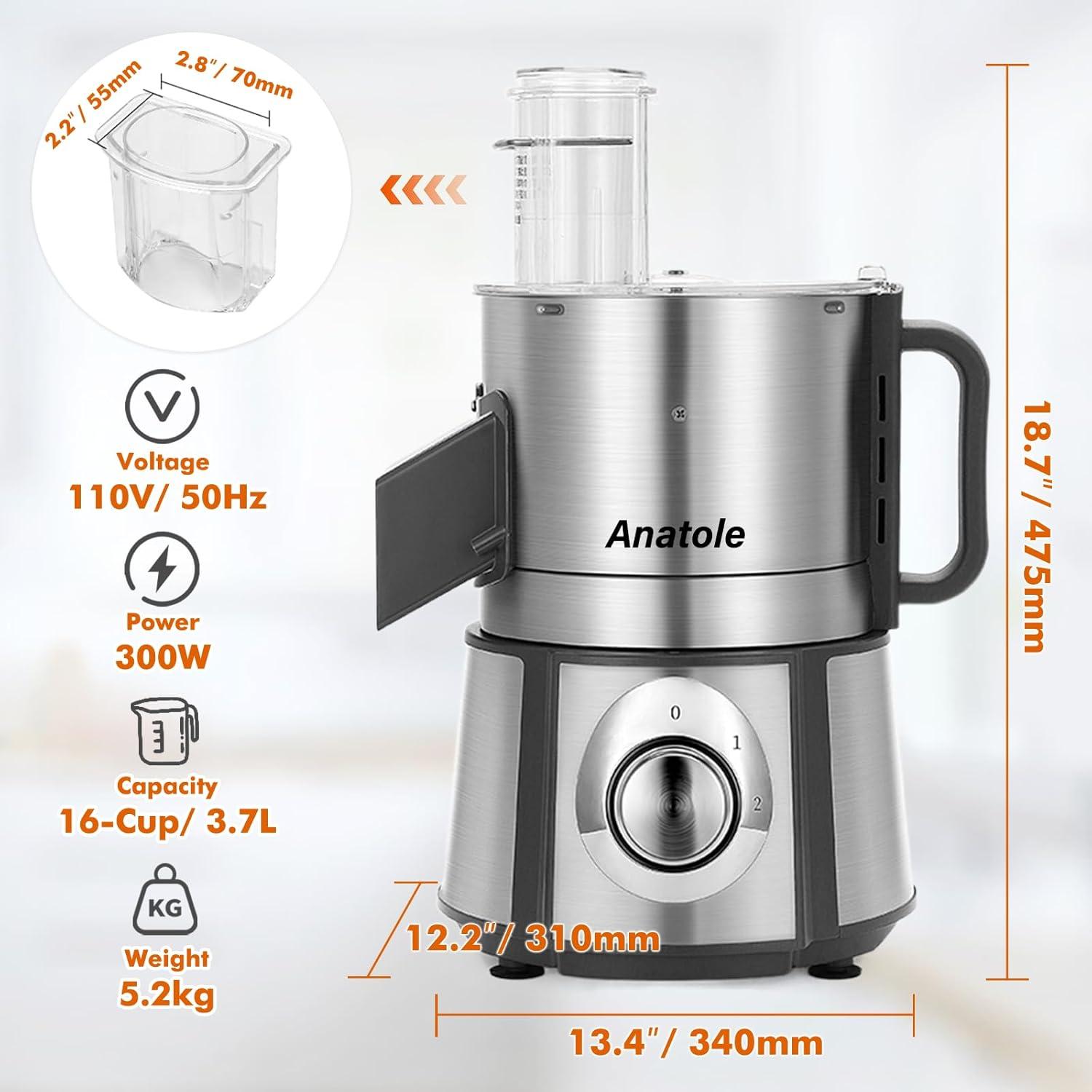 Anatole Electric Vegetable Dicer Stainless Steel 16-Cup Food Processor 300W Commercial Veggie Fruits Chopper Heavy Duty with 1/4" 3/8" 1/2" Blades Auto Discharge for Potato Onion Carrot