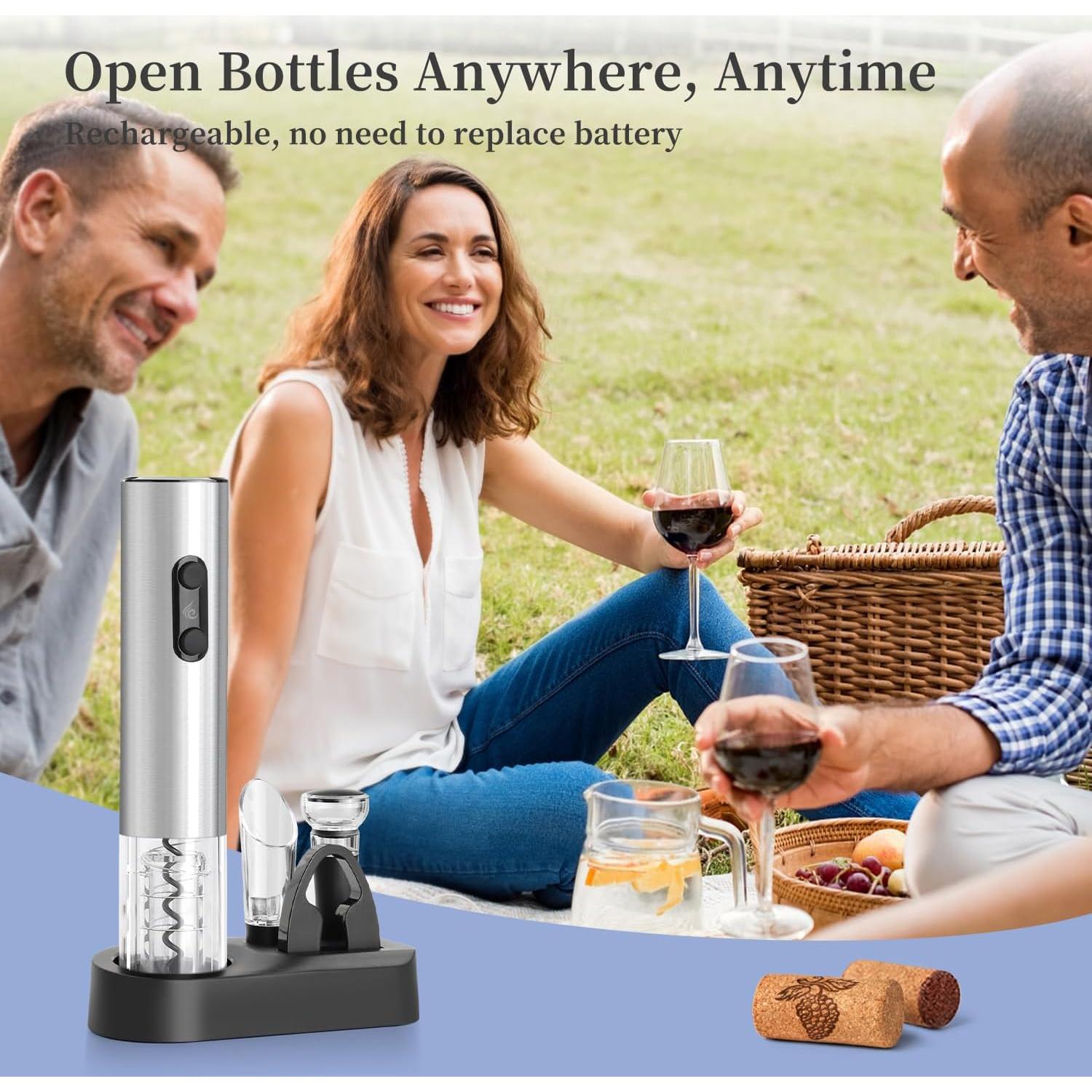 Juego de Abridor de Vino Eléctrico ELMWAY con Base Plata 5 en 1