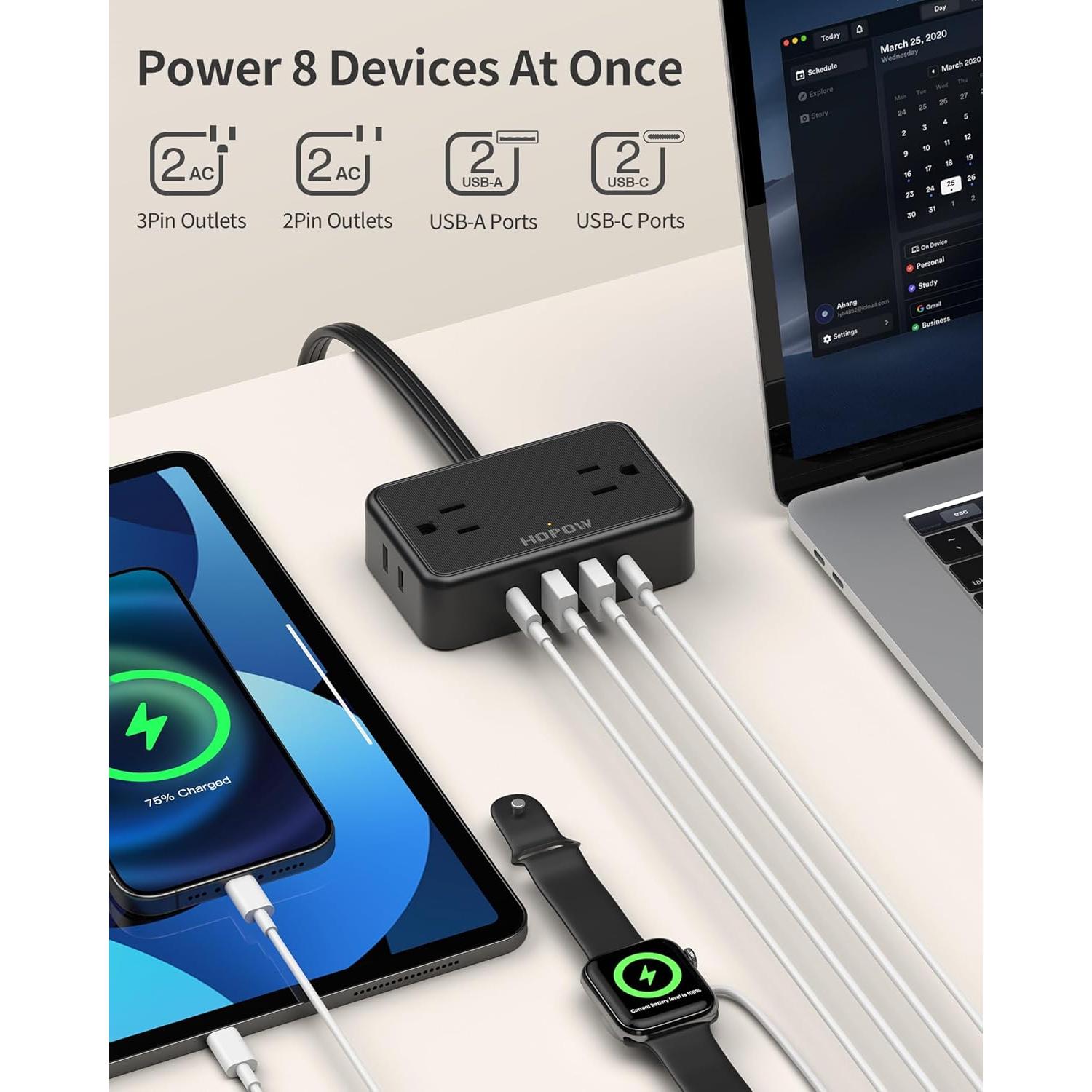 Flat Plug Extension Cord, 6 Ft Ultra Thin Power Strip, 4 AC Wide Spaced outlets and 4 USB (2 USB-C) Ports, No Surge Protector for Cruise Ship, Travel, Dorm Room Essentials (Black)