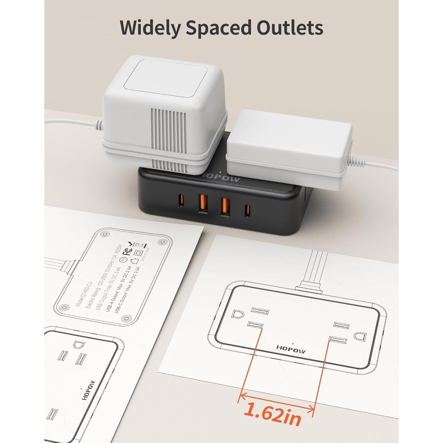 Flat Plug Extension Cord, 6 Ft Ultra Thin Power Strip, 4 AC Wide Spaced outlets and 4 USB (2 USB-C) Ports, No Surge Protector for Cruise Ship, Travel, Dorm Room Essentials (Black)