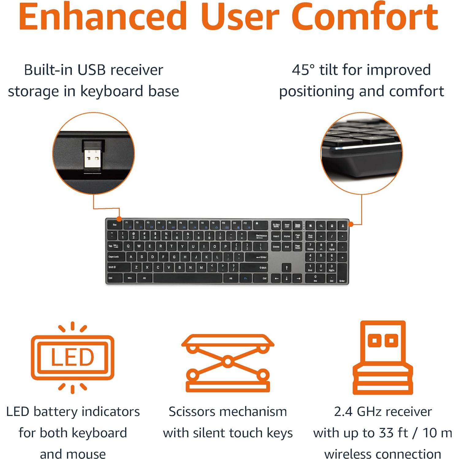 Combo Teclado y Ratón Inalámbrico Amazon Basics Recargable Negro