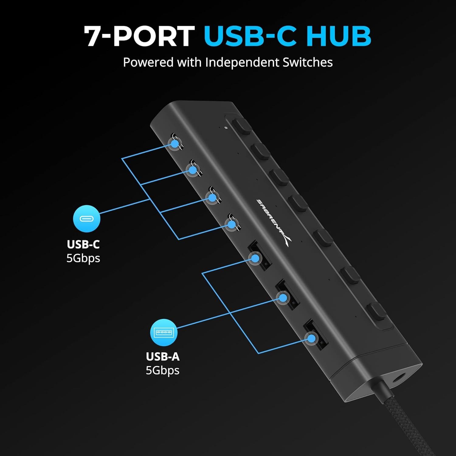 Hub USB-C 7 Puertos SABRENT HB-3A4C 5Gbps 48W Aluminio