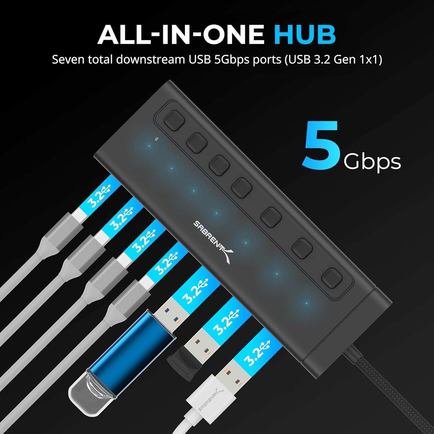 Hub USB-C 7 Puertos SABRENT HB-3A4C 5Gbps 48W Aluminio