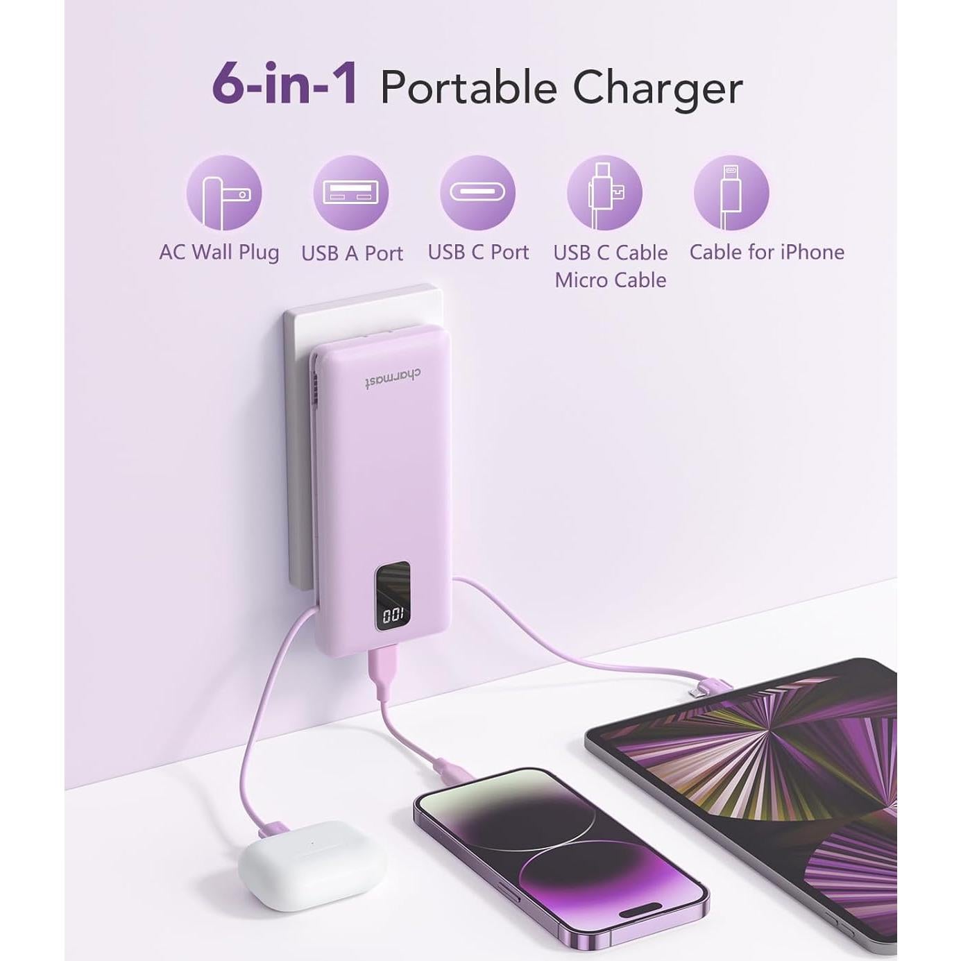 Cargador Portátil Charmast 10000mAh con Cables Integrados