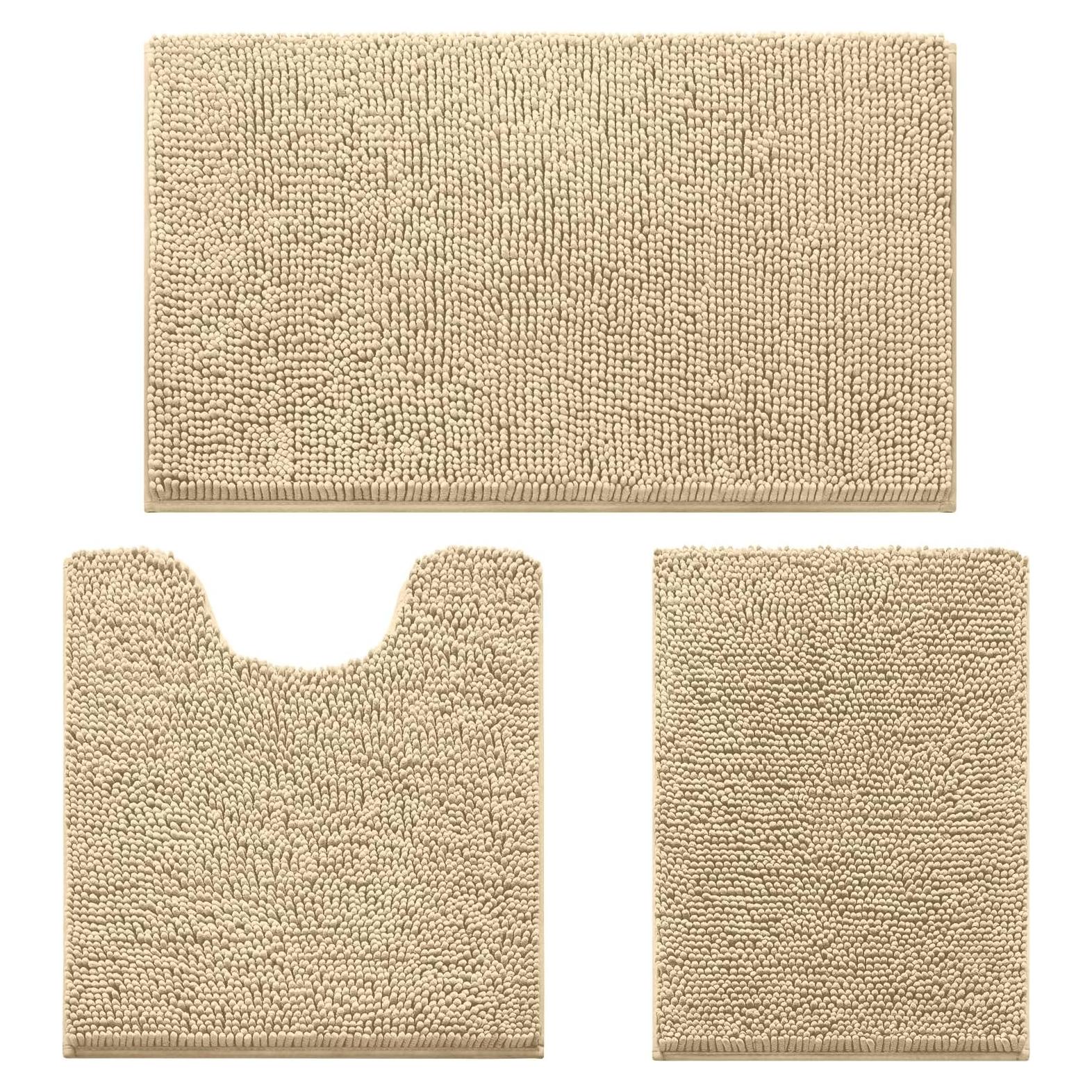 Juego de 3 Alfombrillas de Baño HOMEIDEAS Chenille Beige