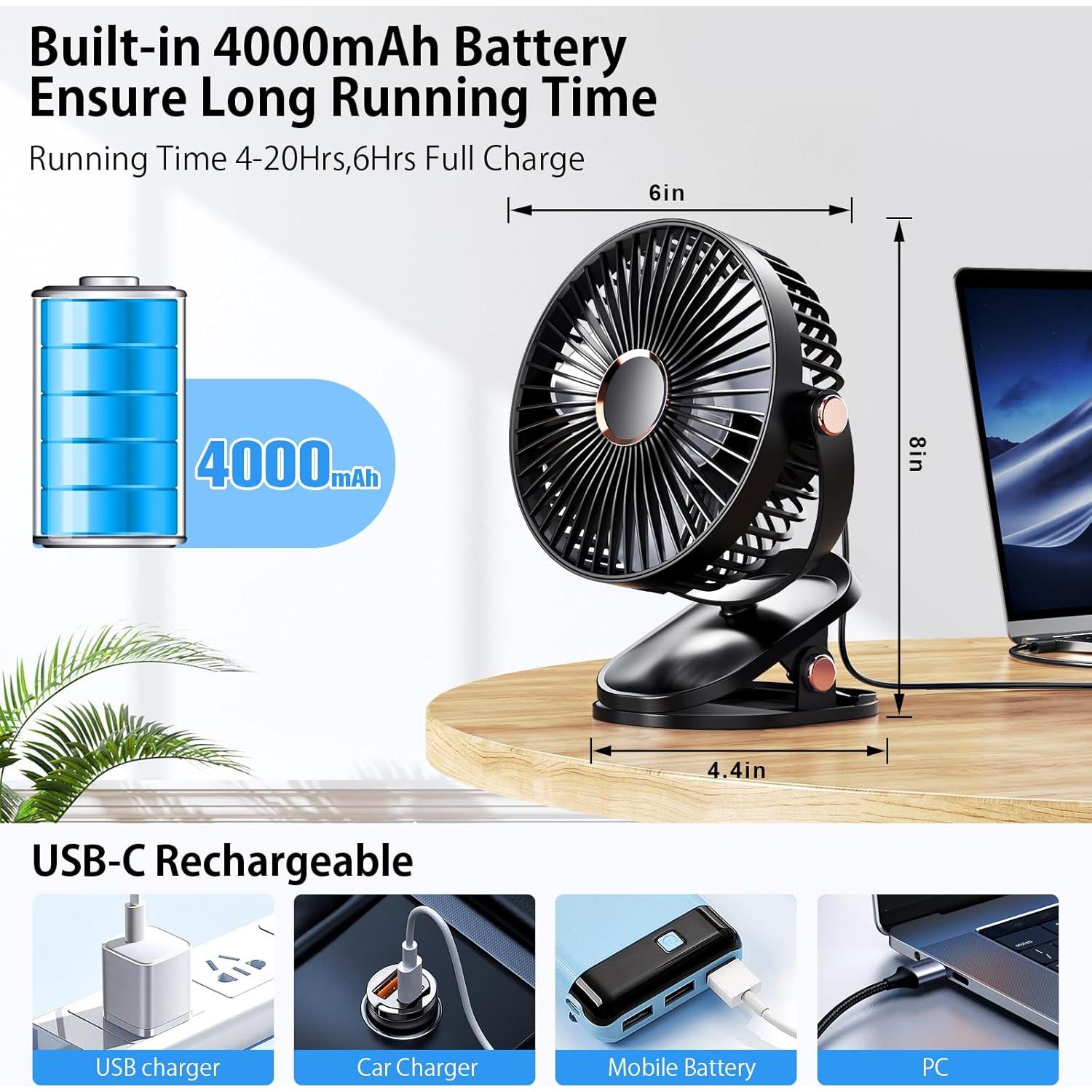 Ventilador Portátil de Clip iNeibo 4000mAh con LED 4 Velocidades