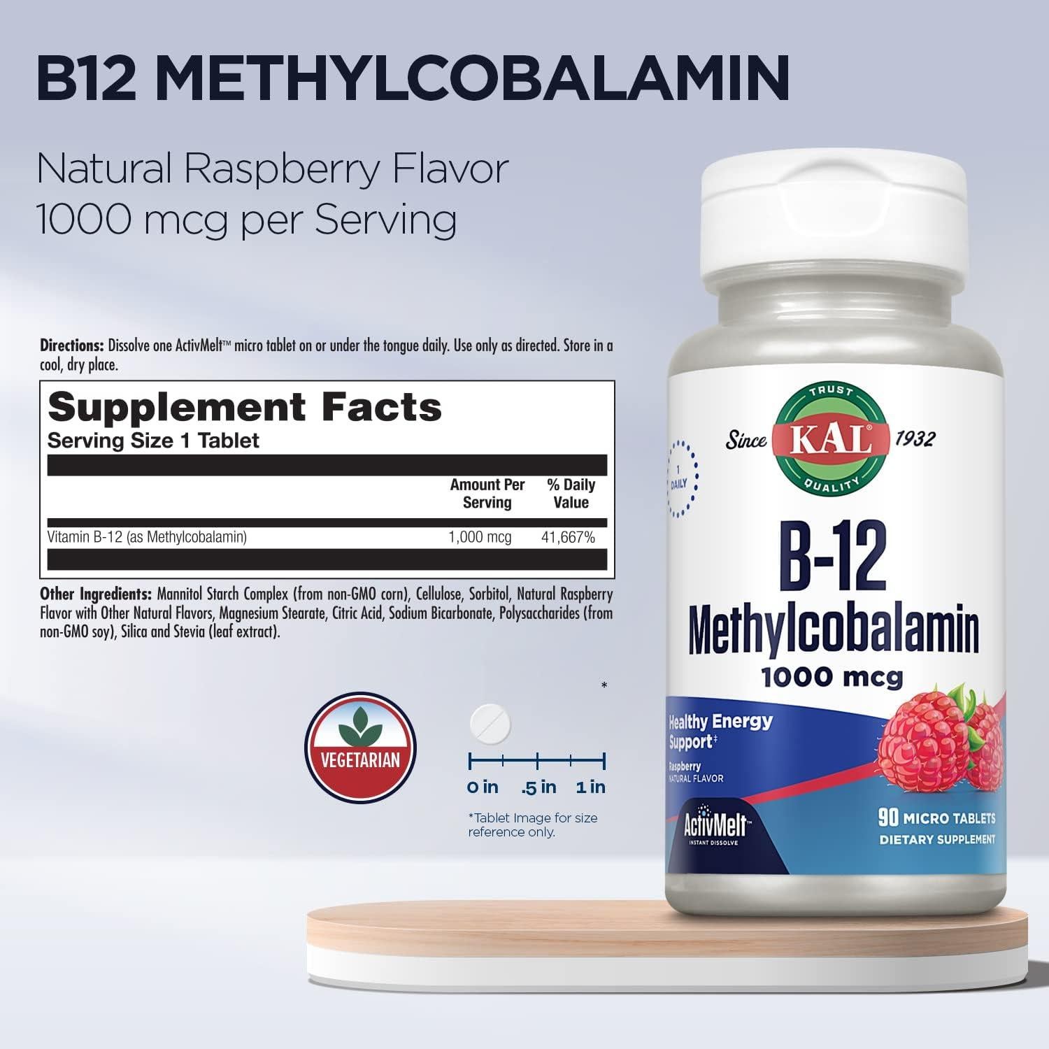 KAL Vitamina B12 Metilcobalamina 1000mcg 90 Micro Tabletas