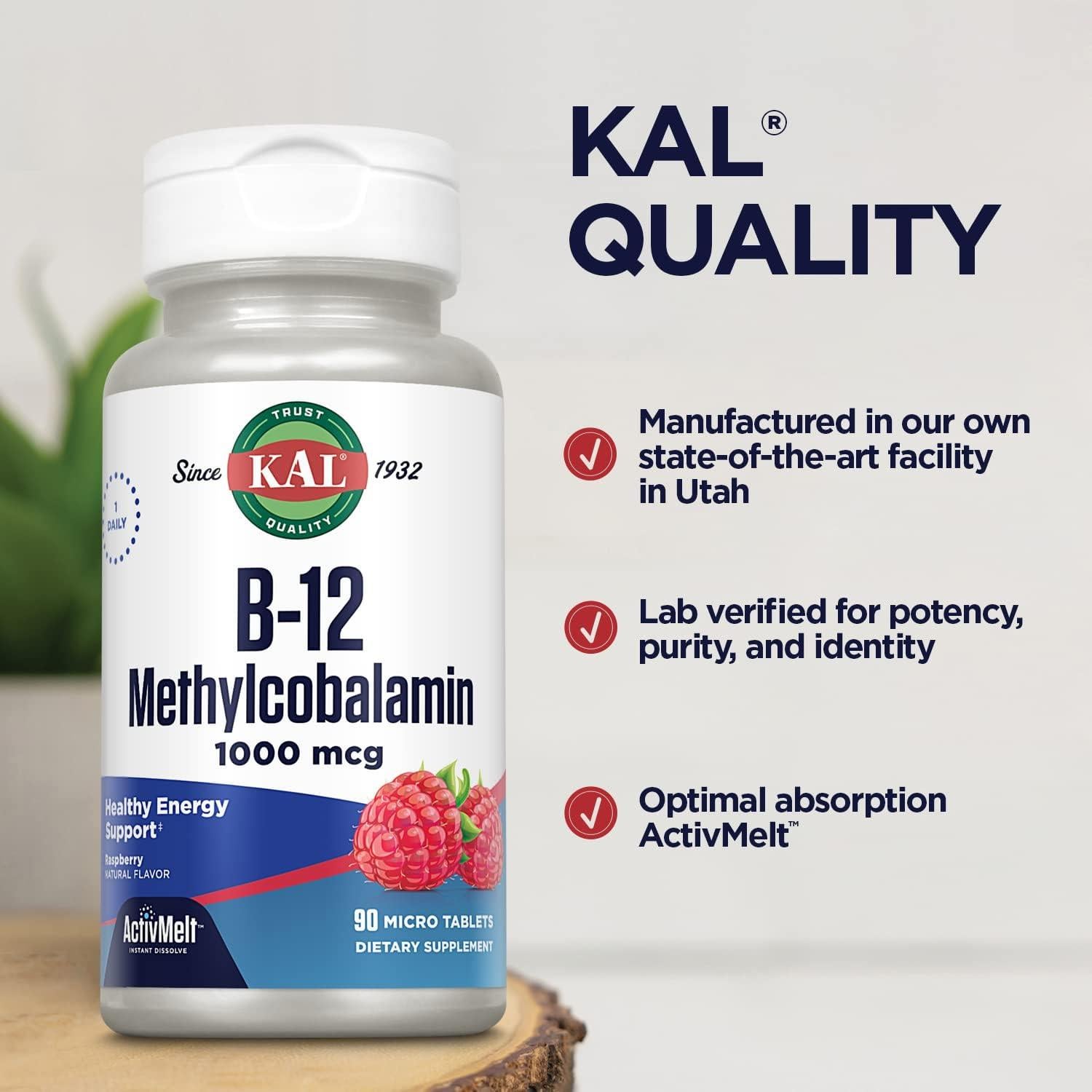 KAL Vitamina B12 Metilcobalamina 1000mcg 90 Micro Tabletas