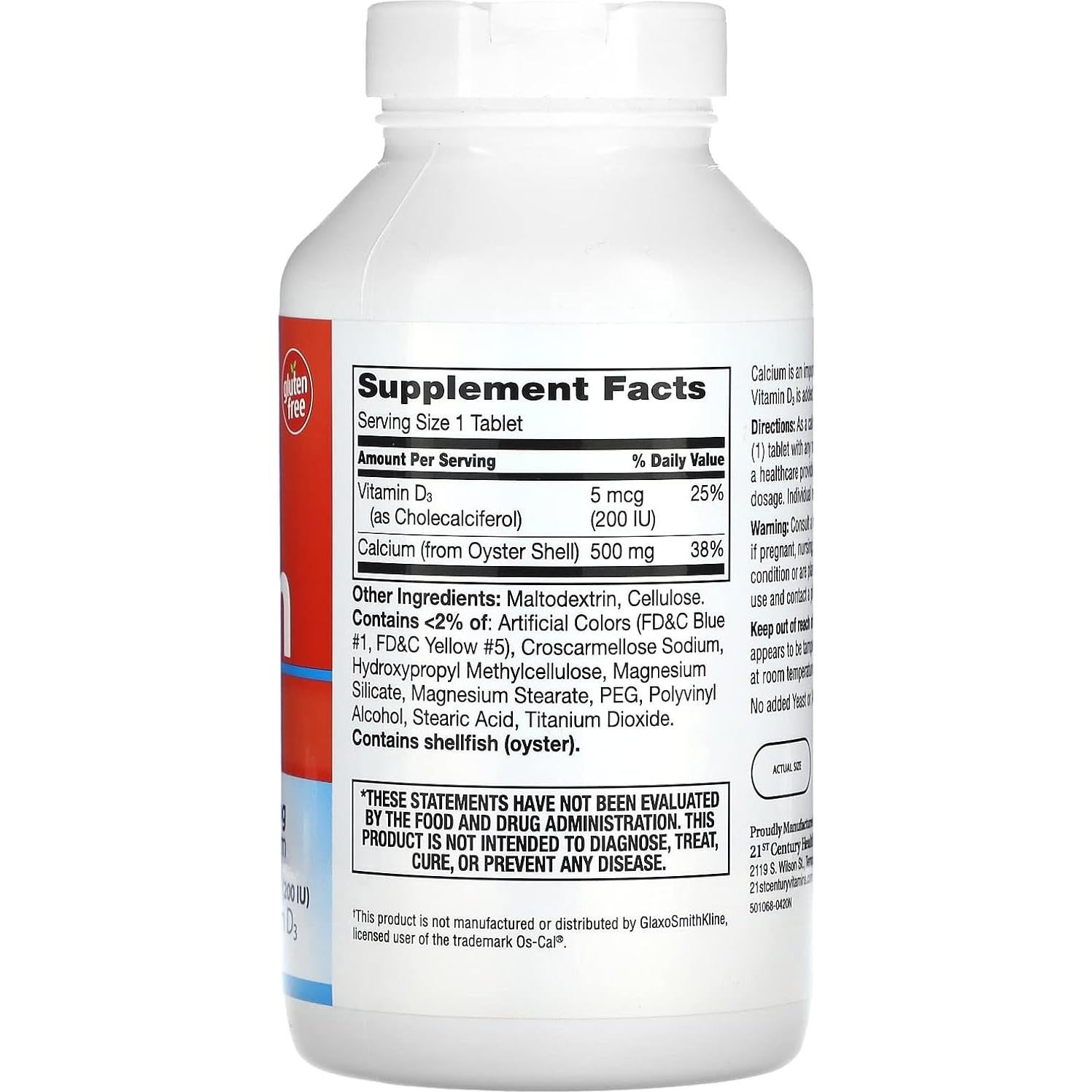 Tabletas de Calcio 500 mg + D3 21st Century - 400 Unidades