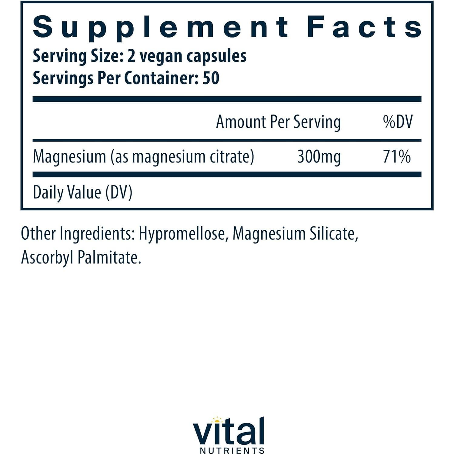 Citrato de Magnesio Vital Nutrients 150mg 100 Cápsulas Veganas