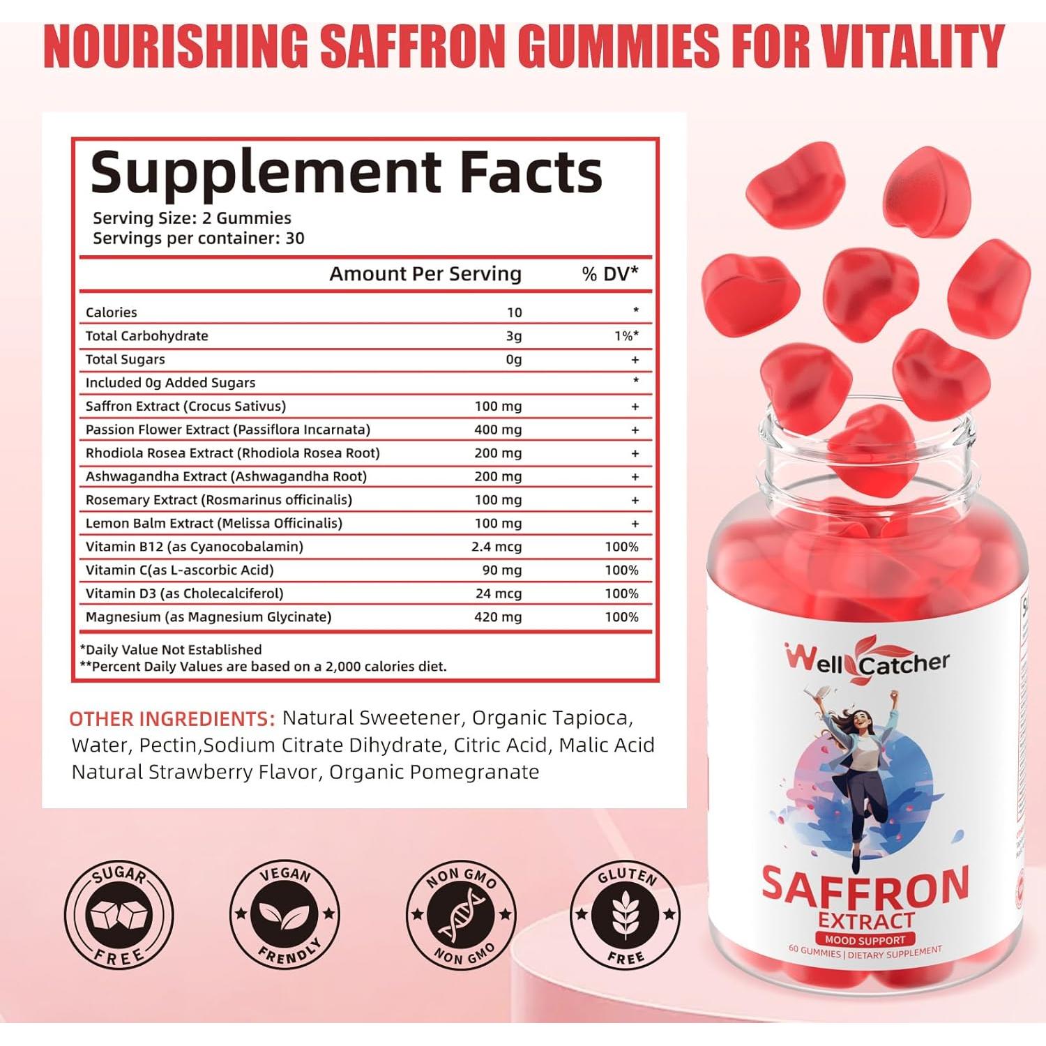 Gomitas de Azafrán Orgánico Wellcatcher 60 Unidades Sabor Fresa