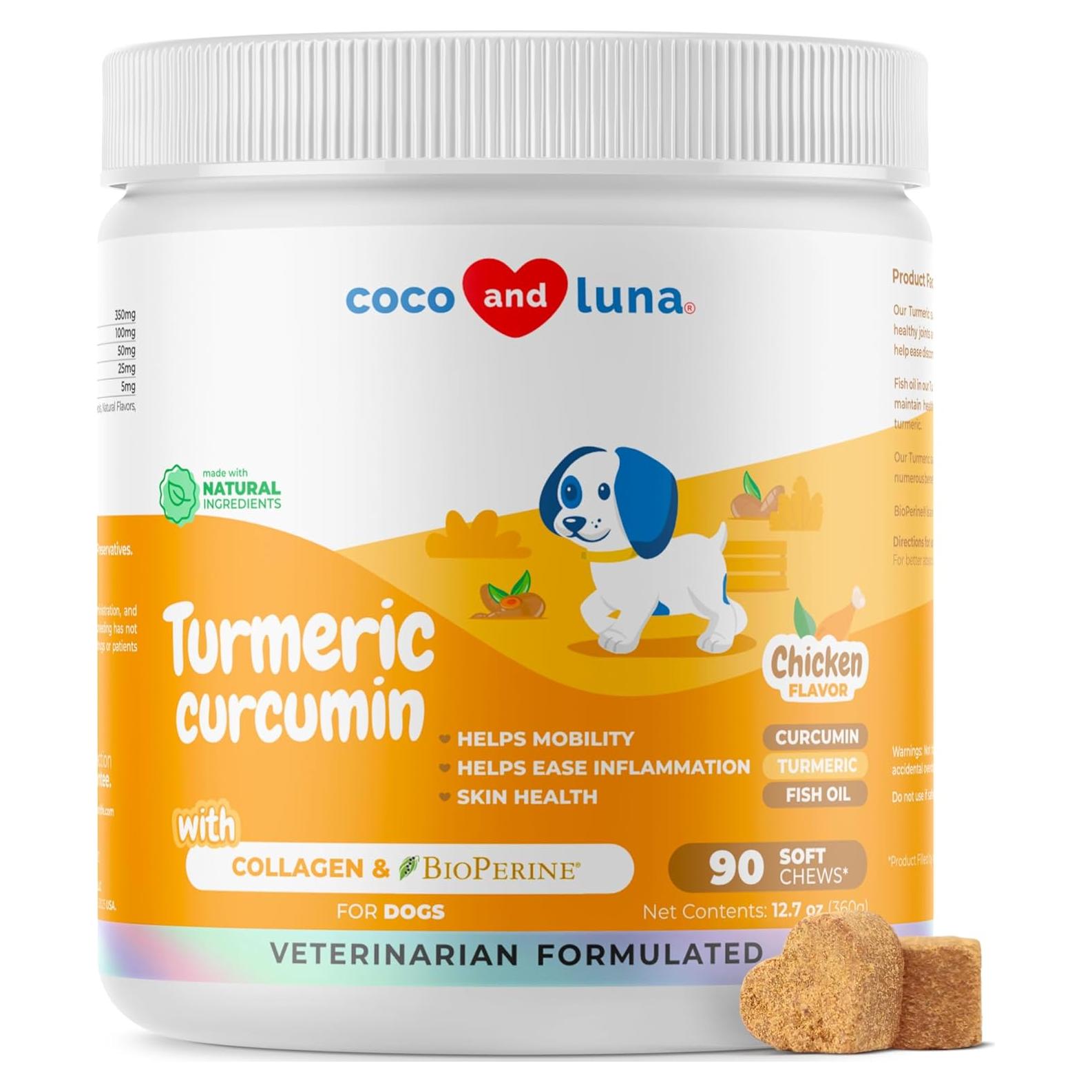Suplemento de Cúrcuma para Perros Coco y Luna - 90 Masticables con Colágeno y Omega-3