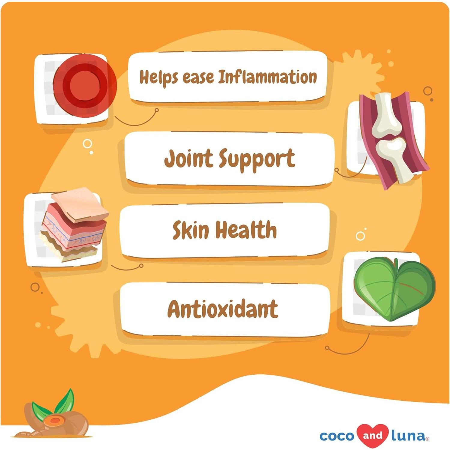 Suplemento de Cúrcuma para Perros Coco y Luna - 90 Masticables con Colágeno y Omega-3