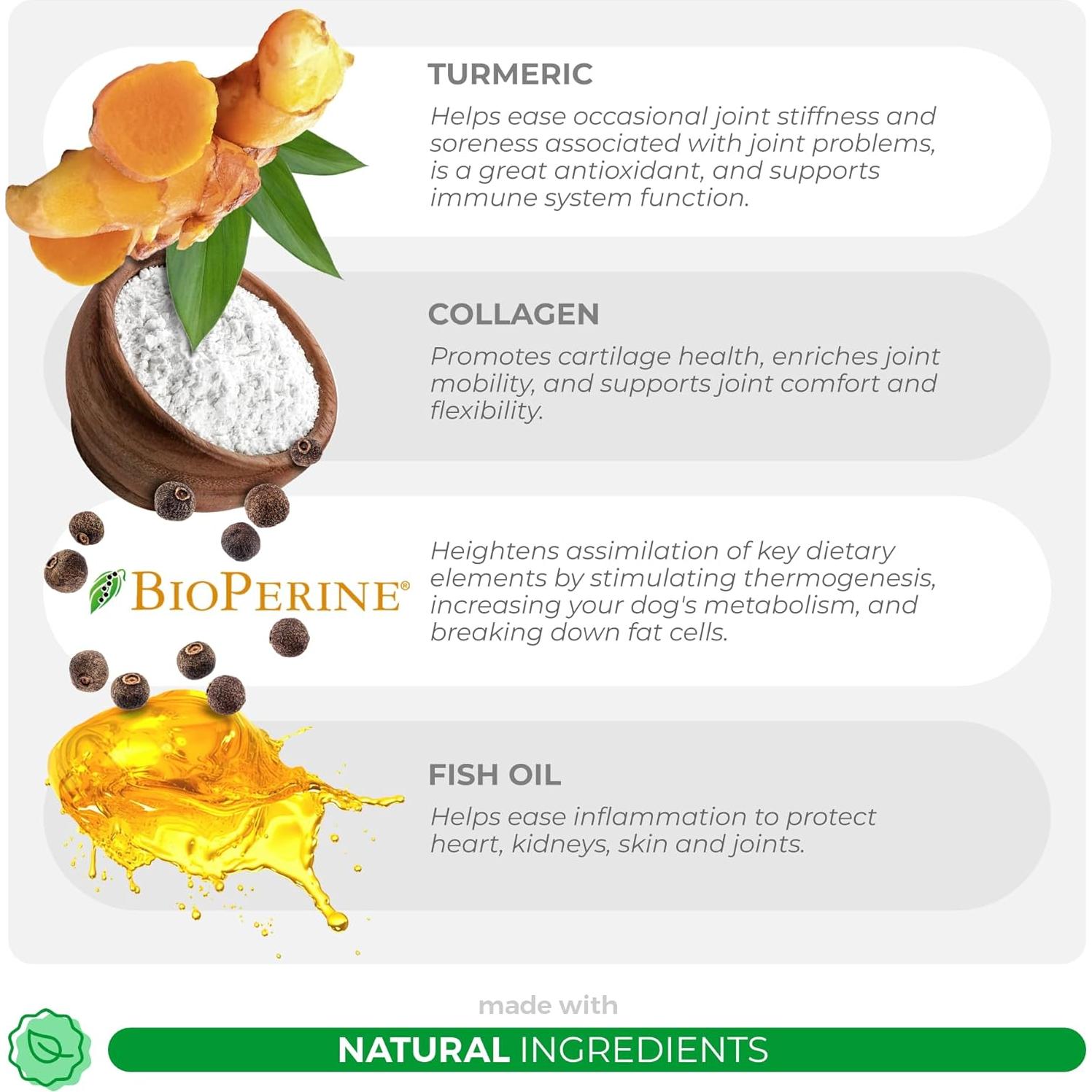 Suplemento de Cúrcuma para Perros Coco y Luna - 90 Masticables con Colágeno y Omega-3