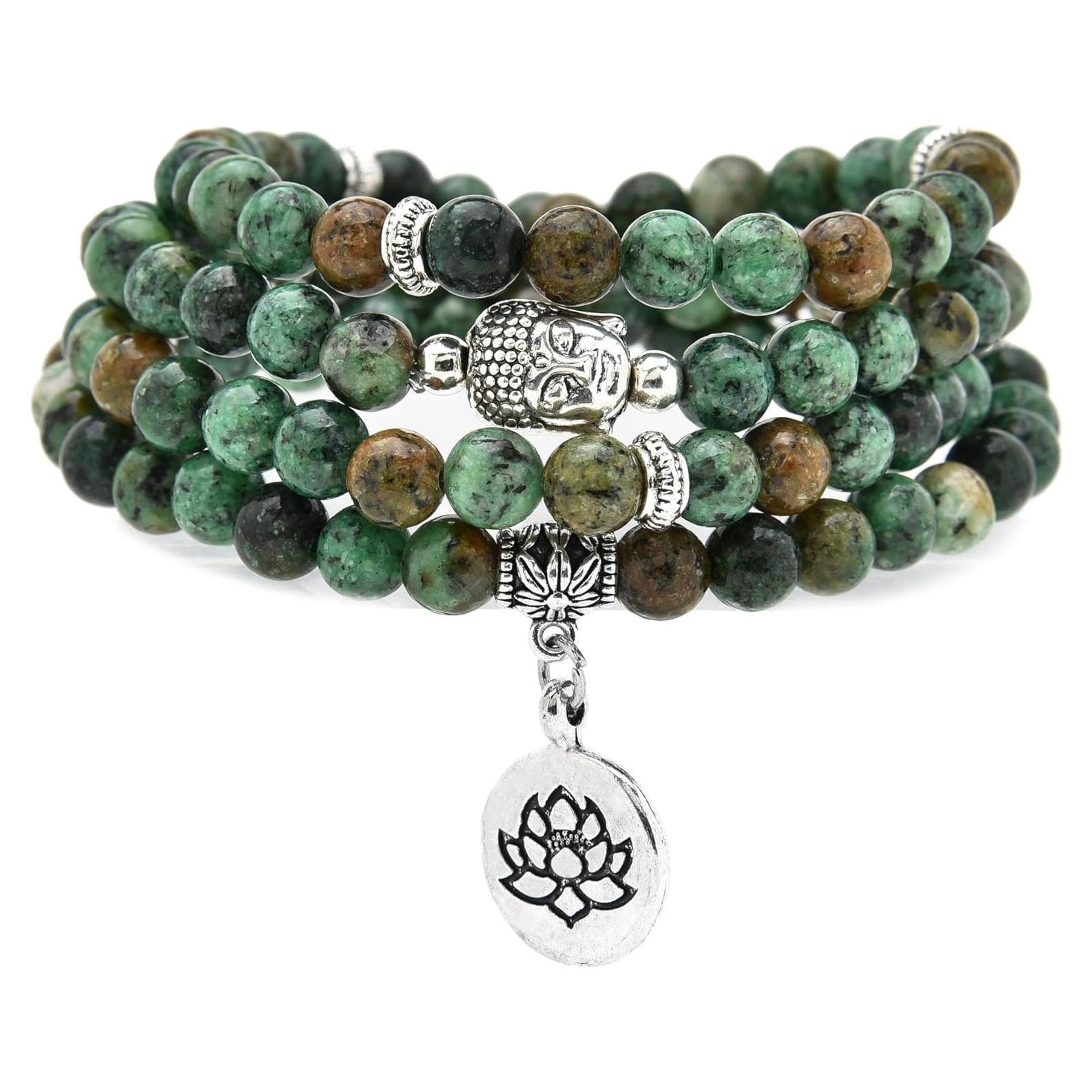 Pulsera Mala de 108 cuentas 6mm Turquesa Africana con Loto
