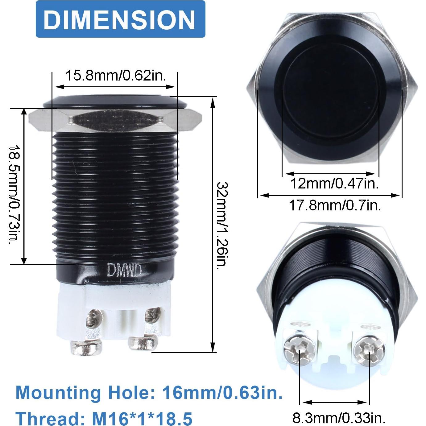 Paquete de 2 Interruptores Metálicos Impermeables 16mm DMWD