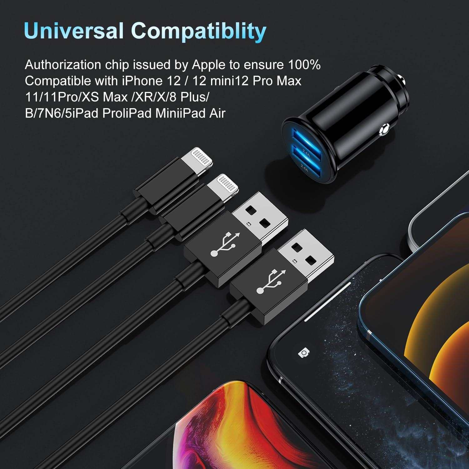 Cargador de coche USB Kitminun con 2 puertos y cables Lightning