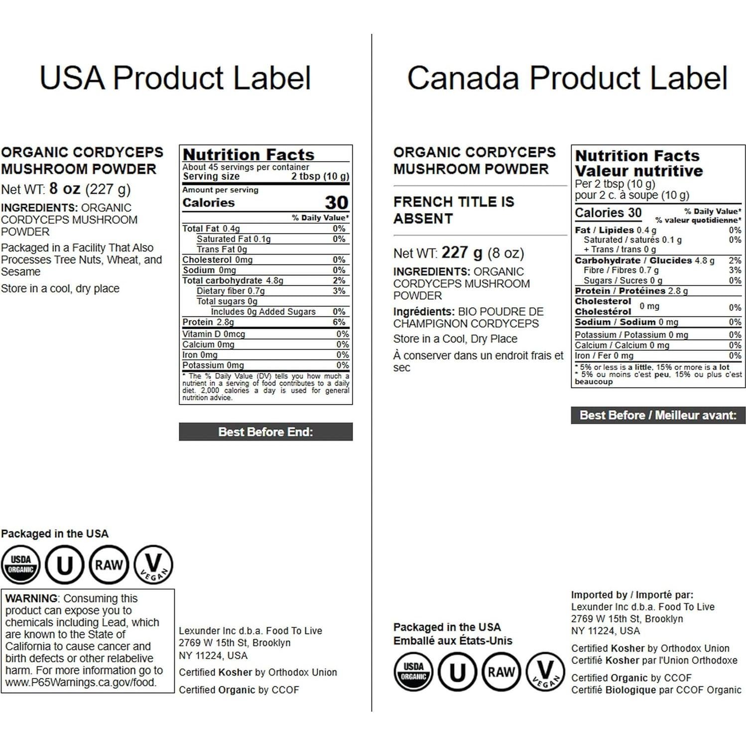 Polvo de Hongo Cordyceps Orgánico Food to Live 227g - Vegano, Kosher