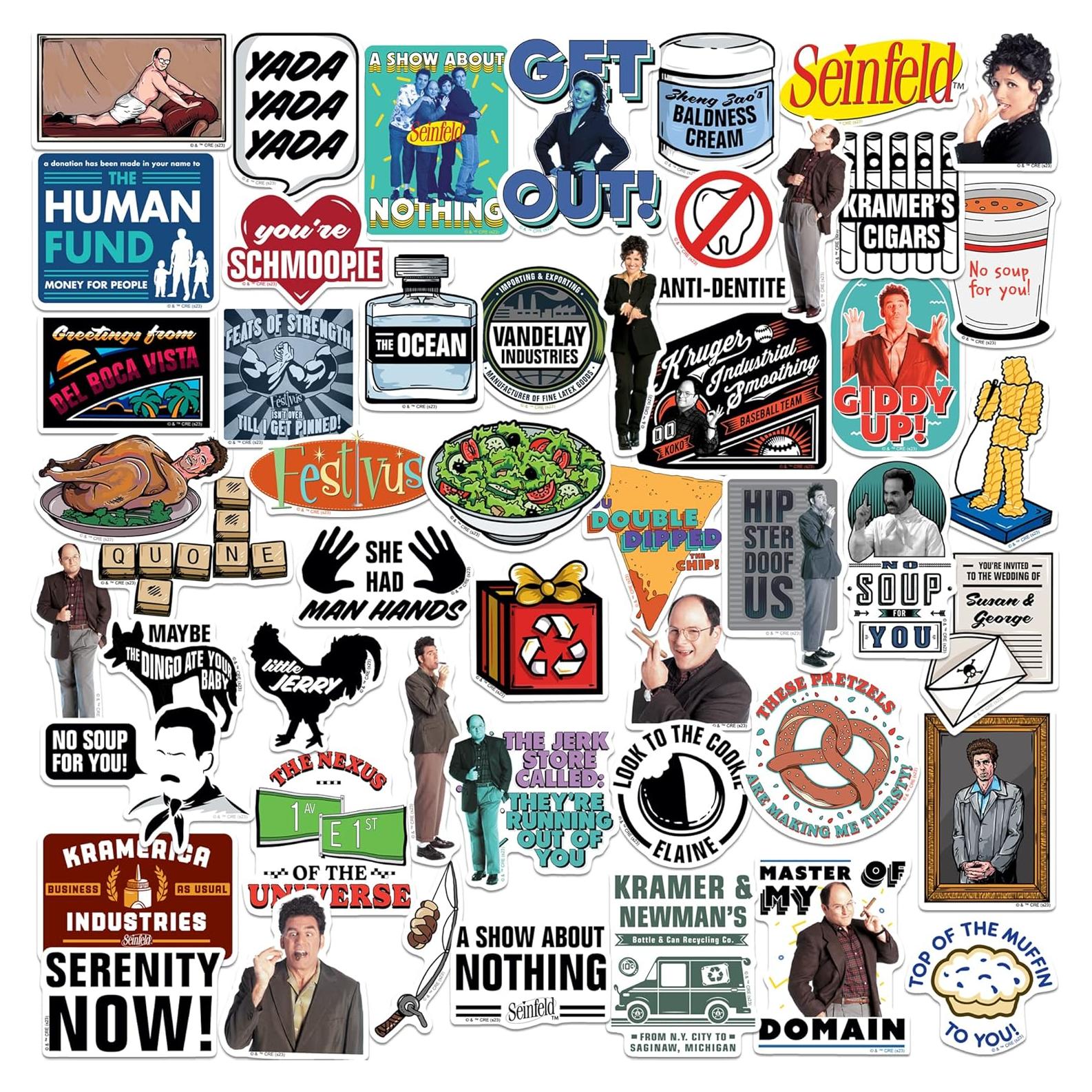 Set de 50 Stickers Deluxe de Vinilo Seinfeld - Resistente y Colorido