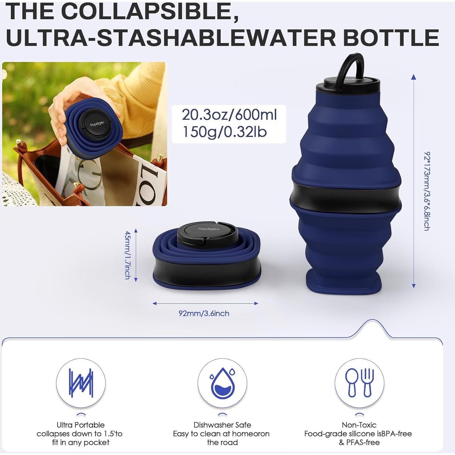 Botella de Agua Plegable Popdigito 600ml Silicona a Prueba de Fugas