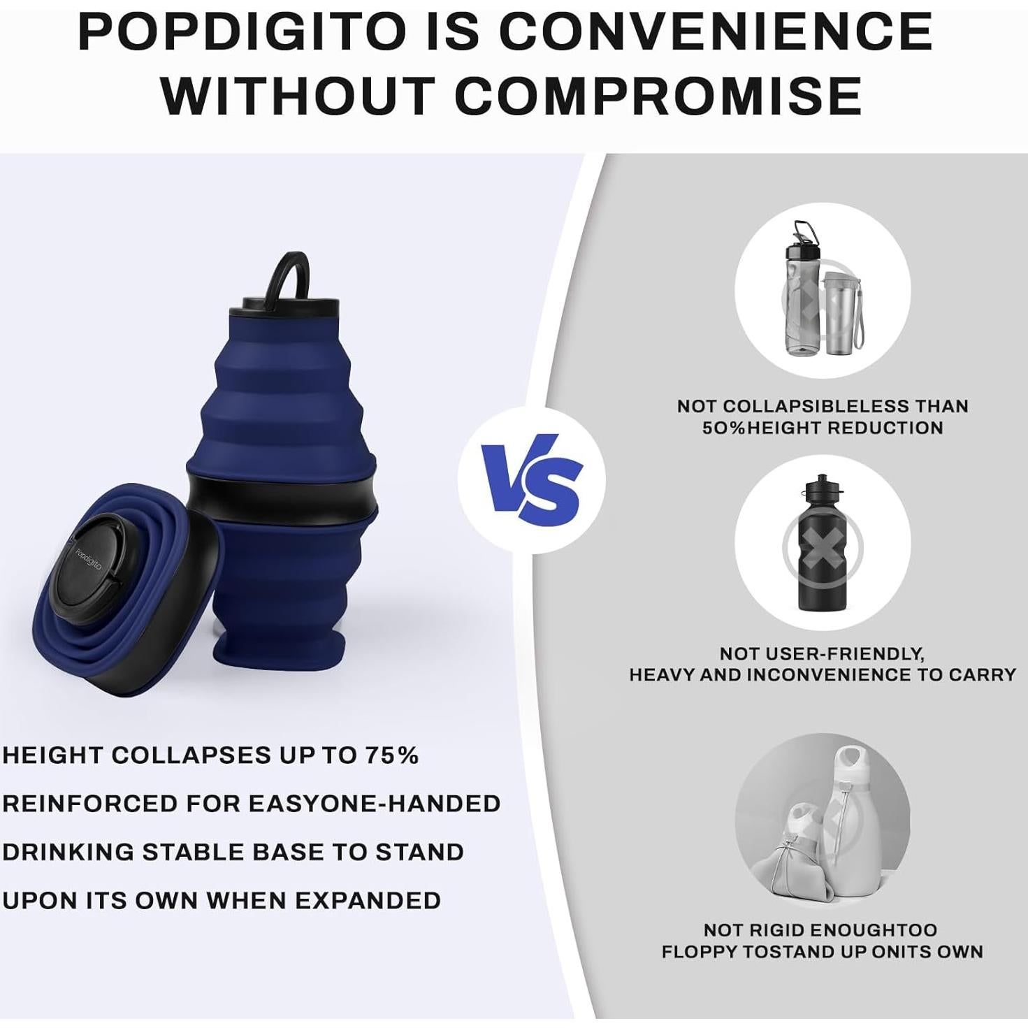 Botella de Agua Plegable Popdigito 600ml Silicona a Prueba de Fugas