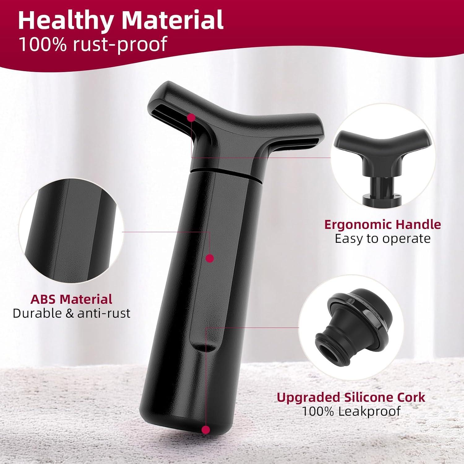 Bomba de Vino Philorn con 4 Tapones de Vacío, Negro