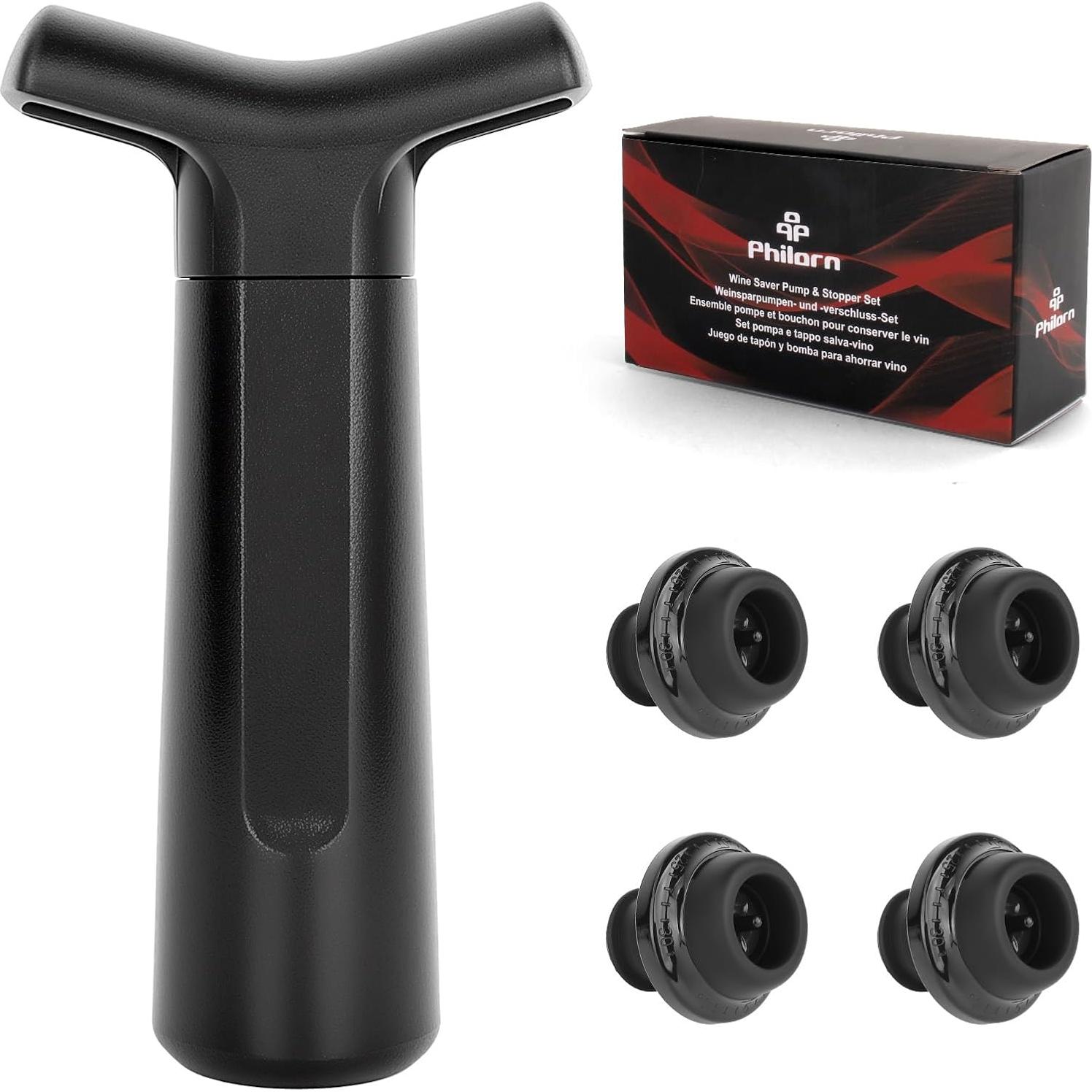Bomba de Vino Philorn con 4 Tapones de Vacío, Negro
