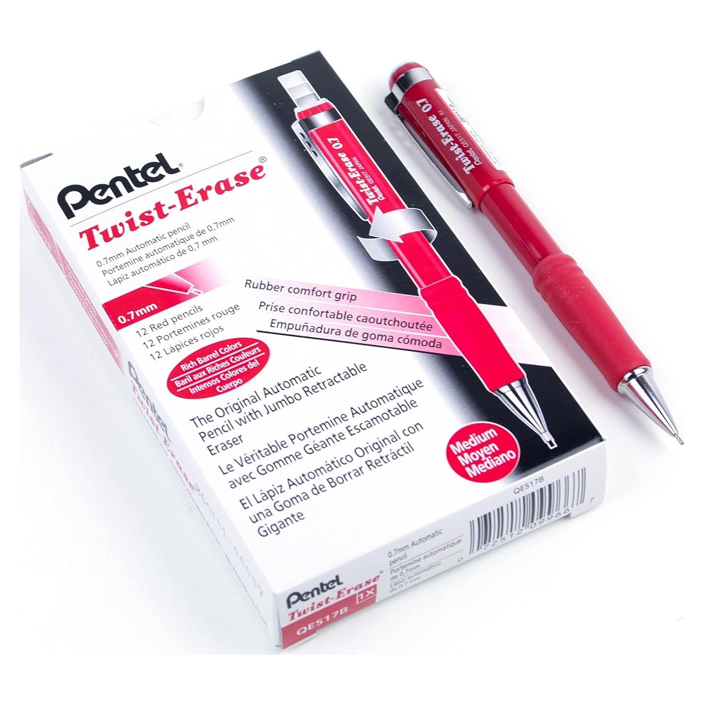 Lápiz Mecánico Pentel Twist-Erase III 0.7mm Rojo - 12 Unidades