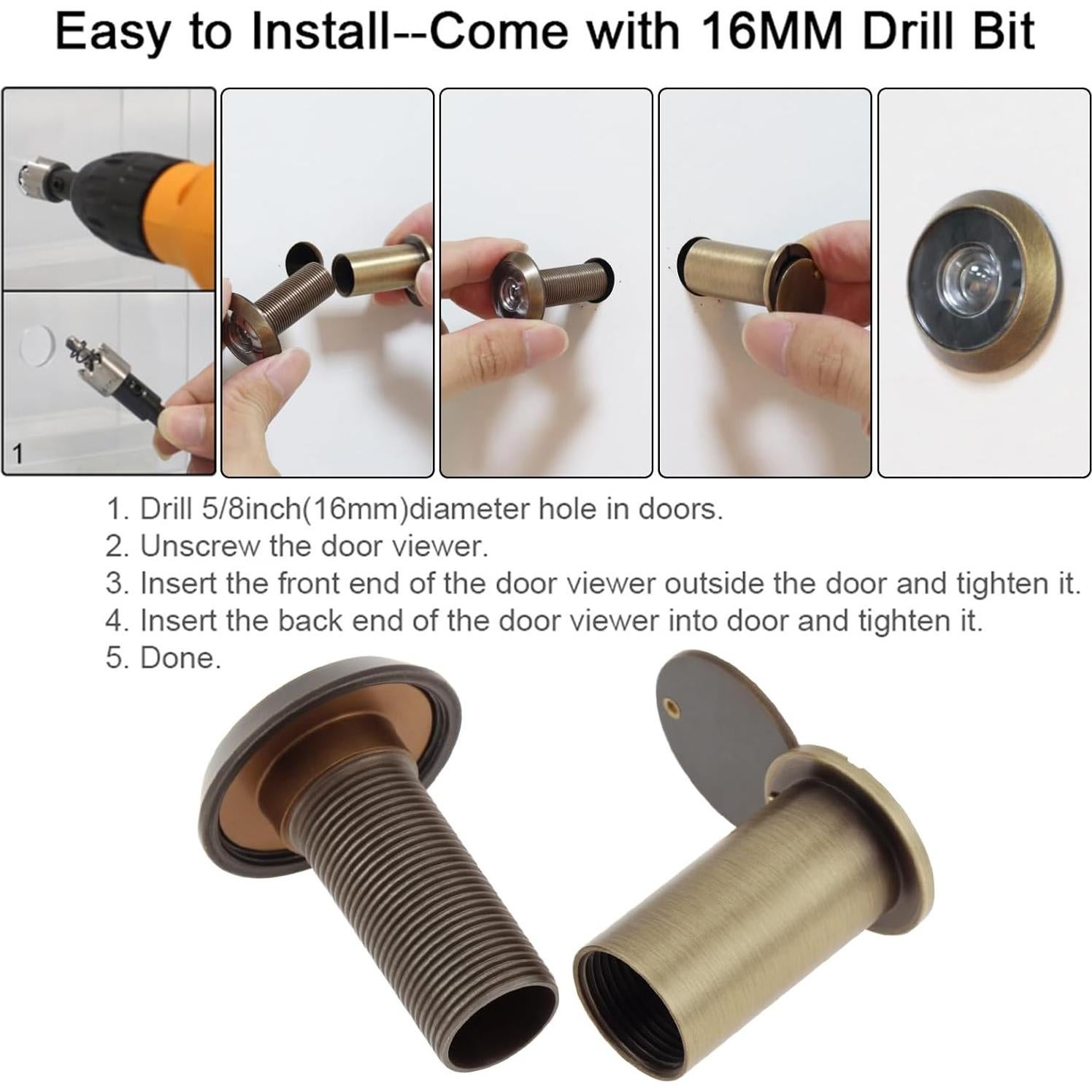 Mirador de Puerta de Latón HOJLKLD 200 Grados con Broca 16 mm
