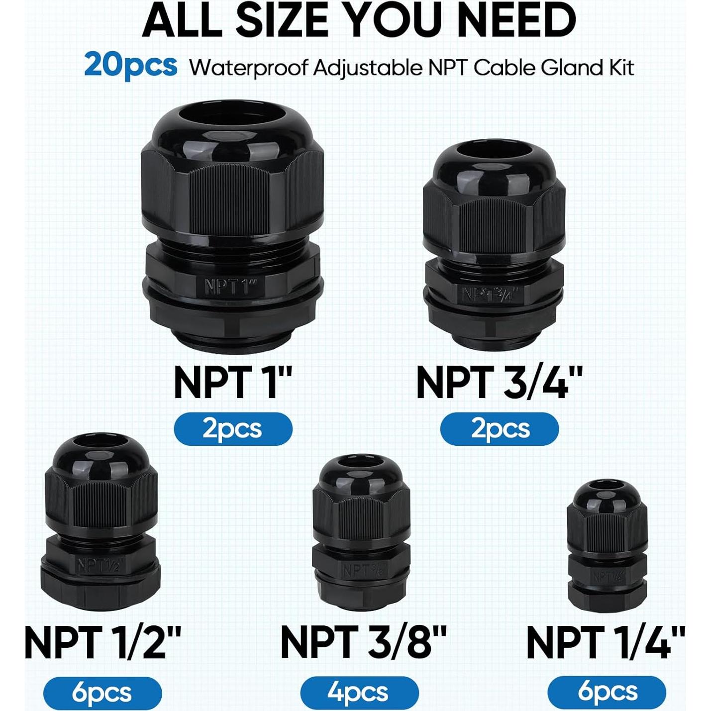 Kit de Conectores de Cable TICONN IP68 20 Pcs Negro