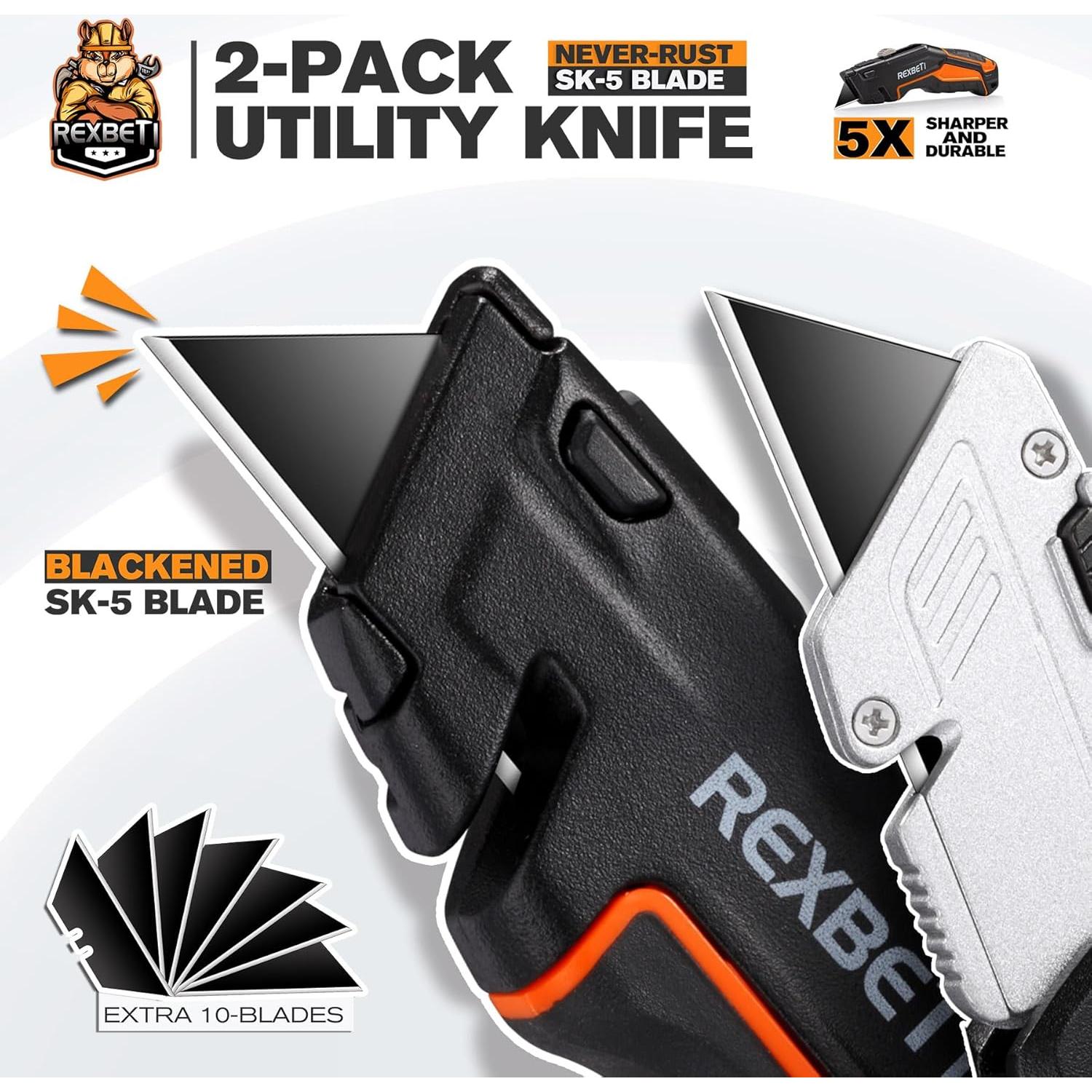 Cuchillos Utility REXBETI 2-Pack Retráctiles con 18 Cuchillas