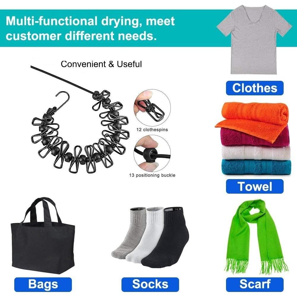 Cuerda de Ropa Portátil AIKESIWAY 1.8m Ajustable con 12 Clips